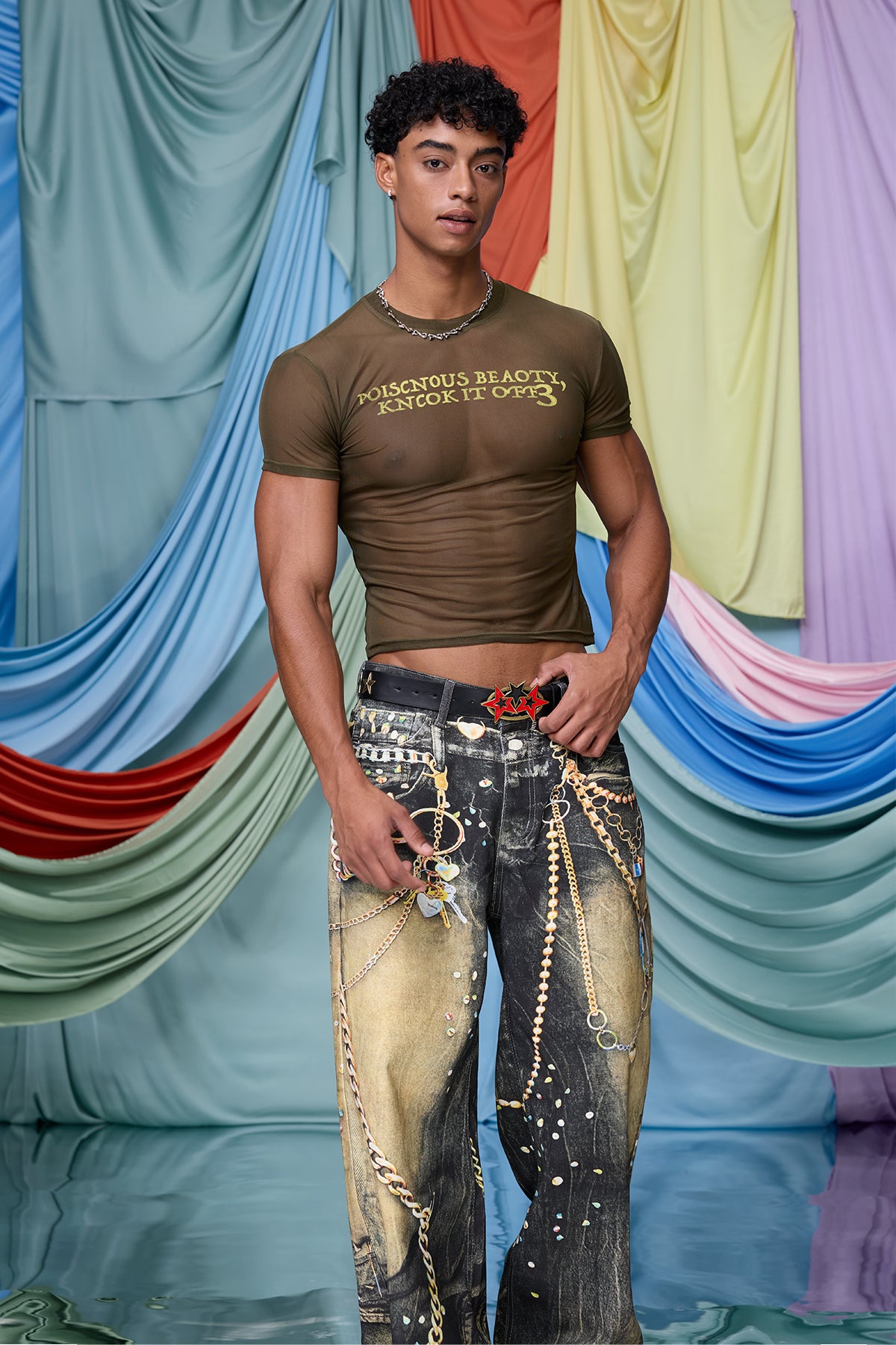 Raw Junction Mesh Print Crop Top