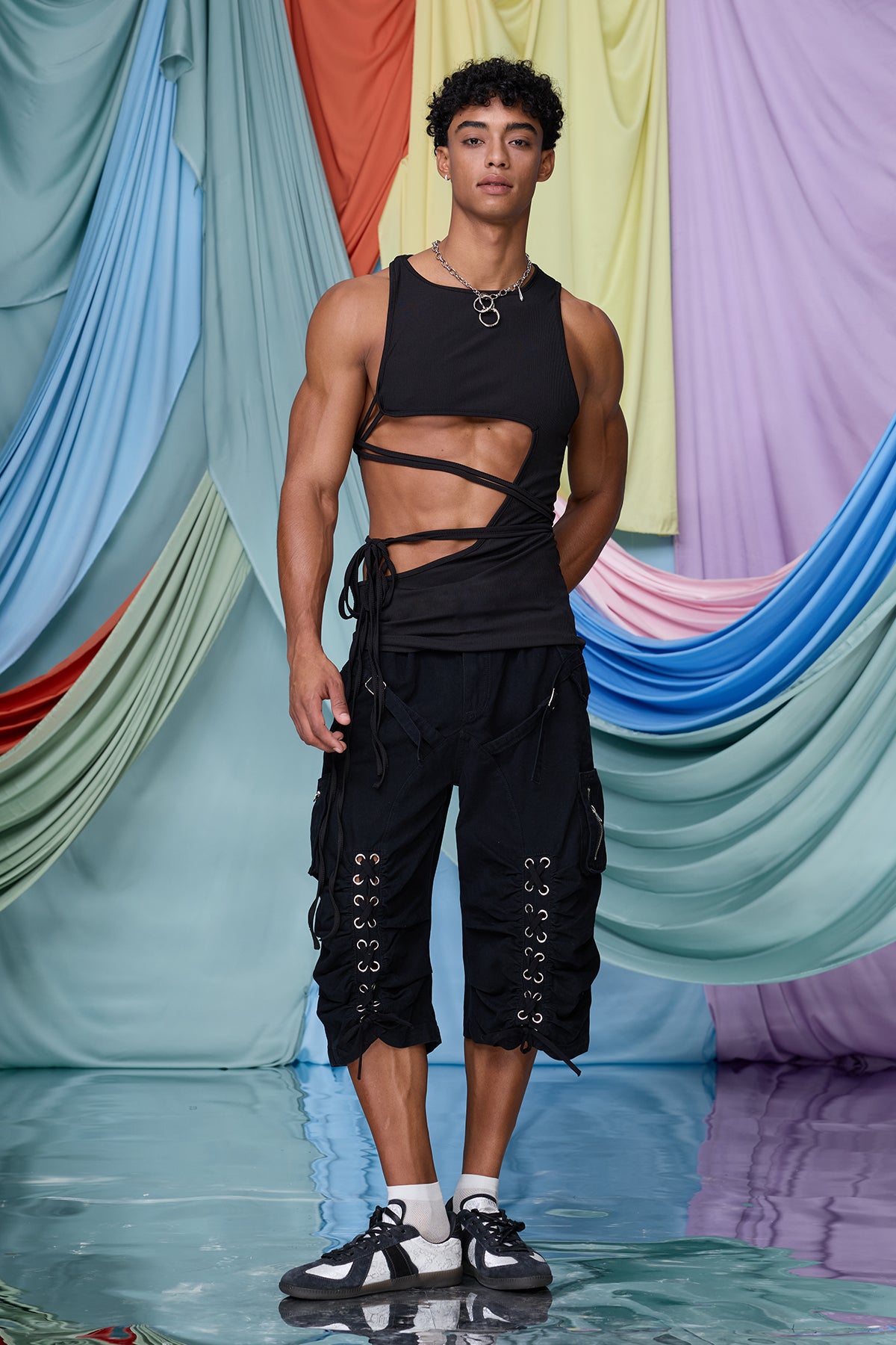 Raw Pitch Cutout Lace Up Tank Top Black