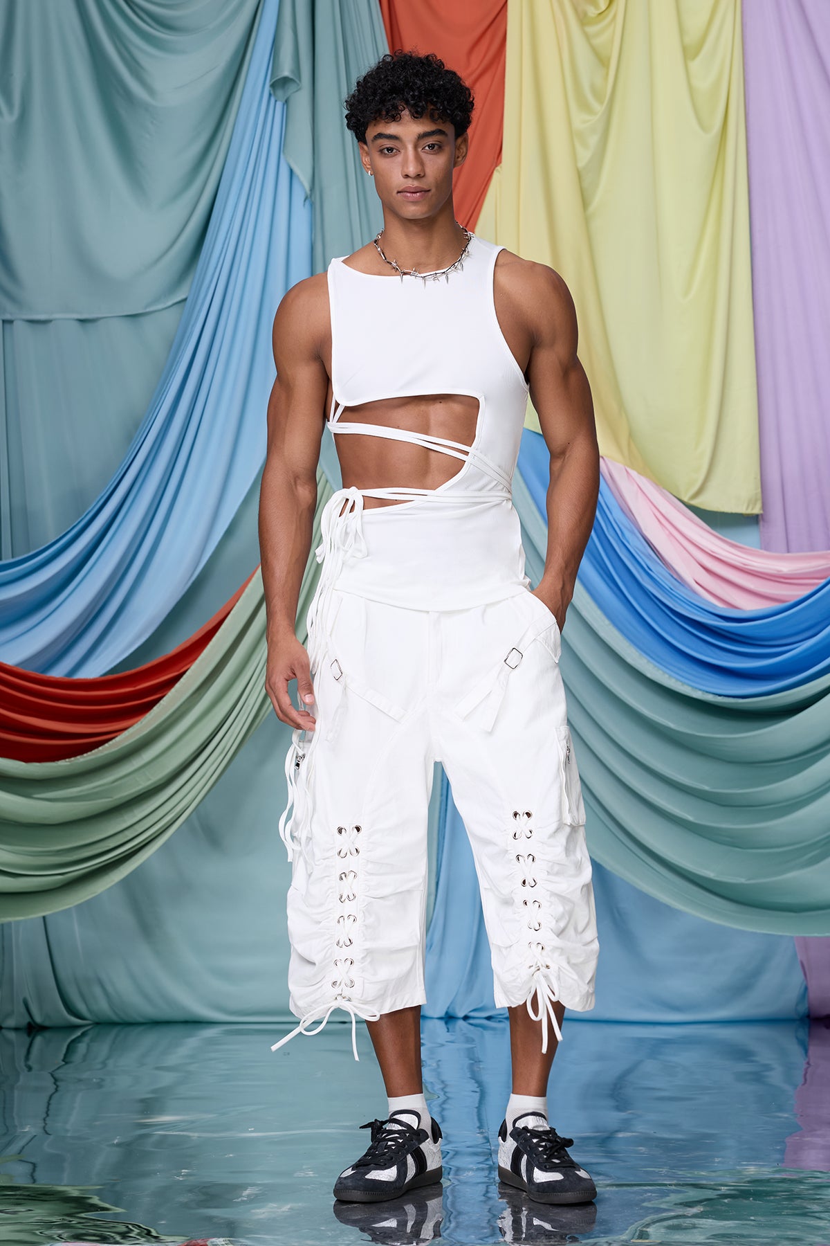 Raw Pitch Cutout Lace Up Tank Top White