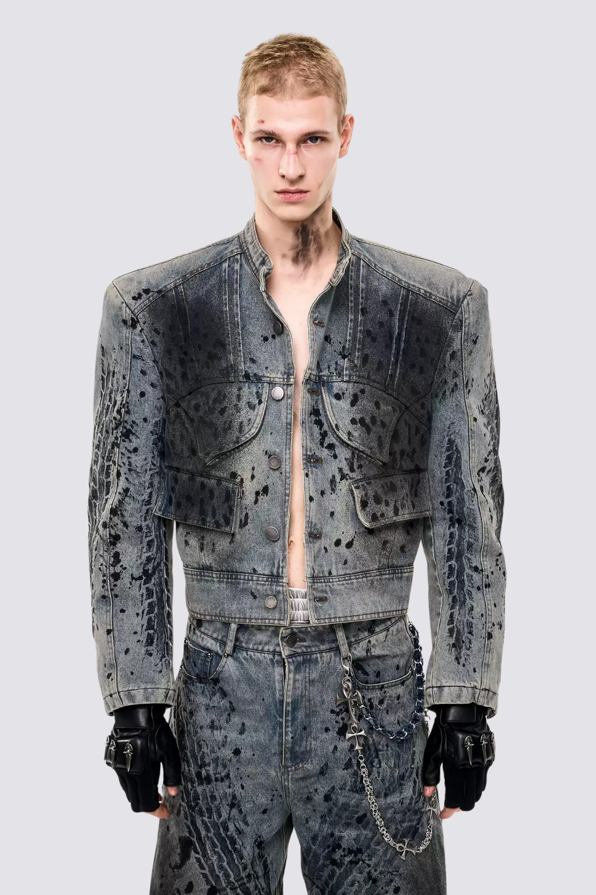 Rebel Wash Print Denim Crop Jacket