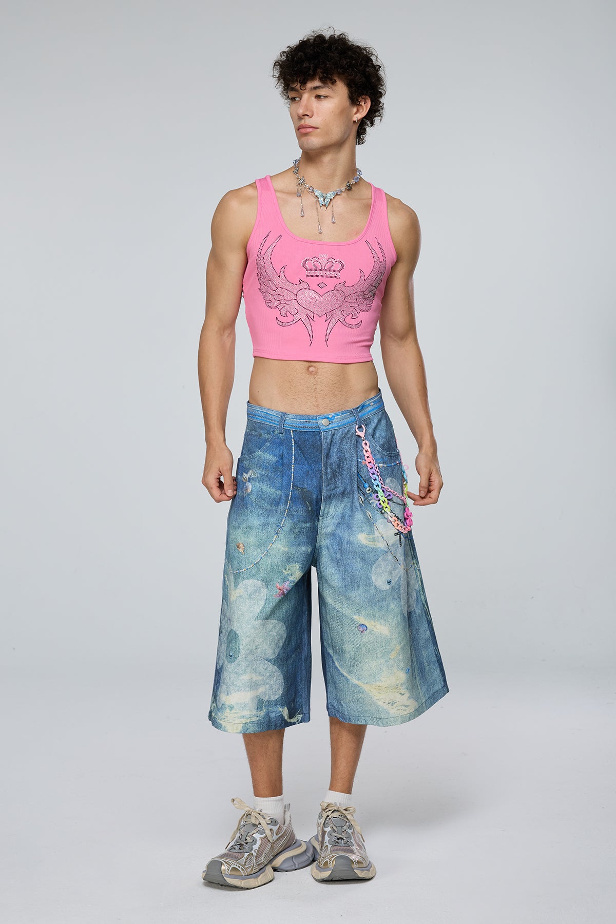 Reflective Power Rhinestone Crop Top Pink