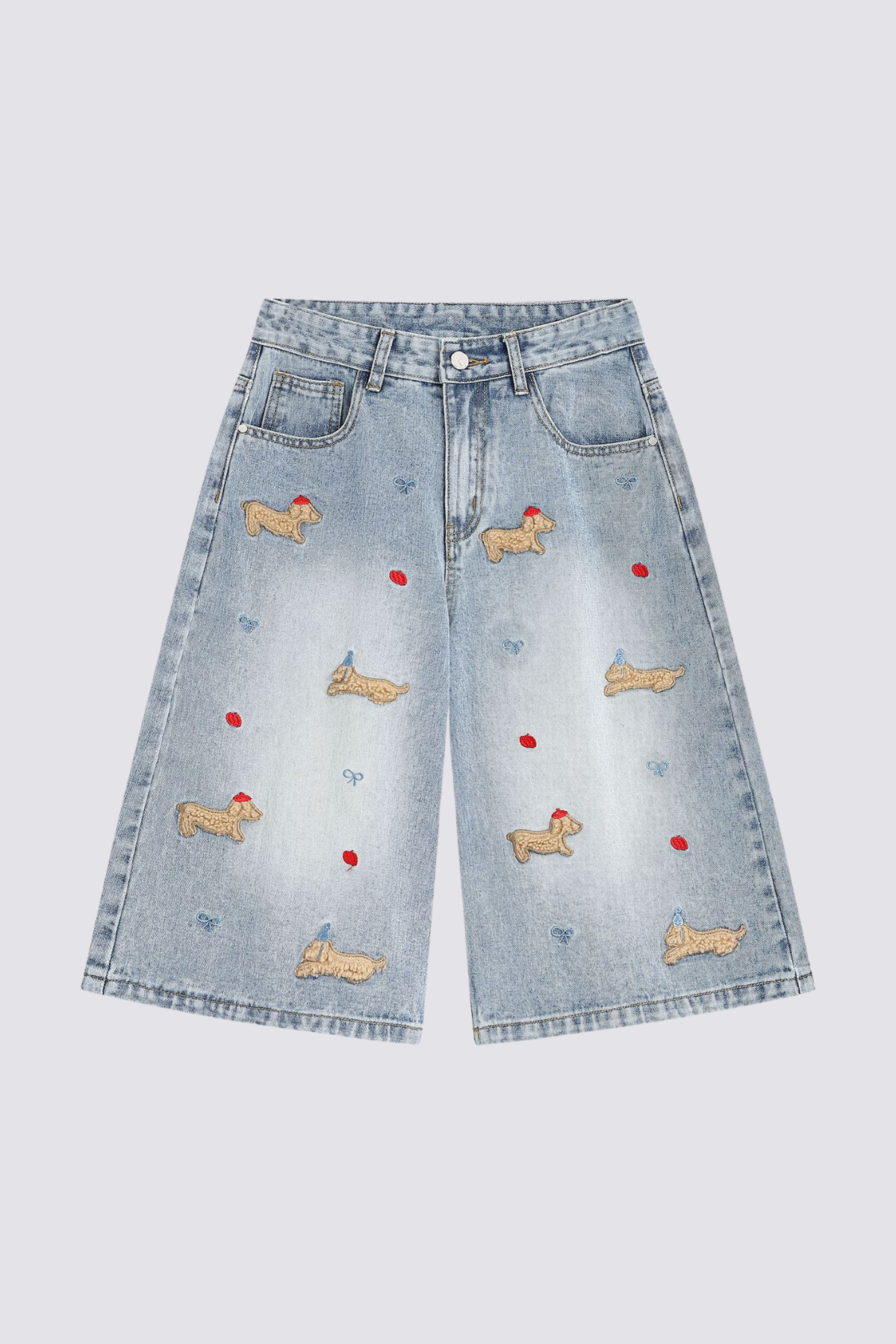 Reverse Spark Puppy Embroidery Denim Shorts