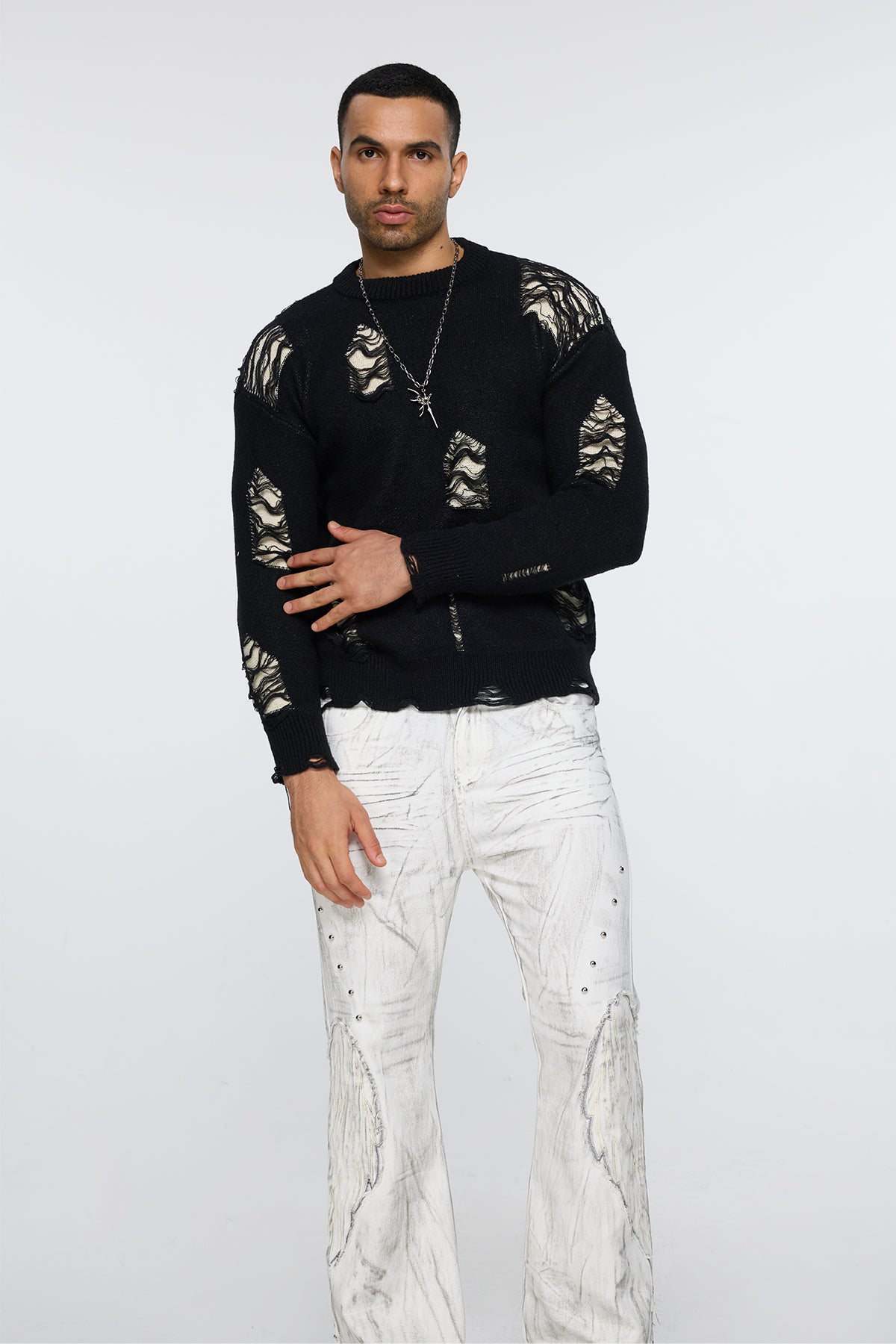 Ribbed Core Long Sleeve Ripped Knit Top Black