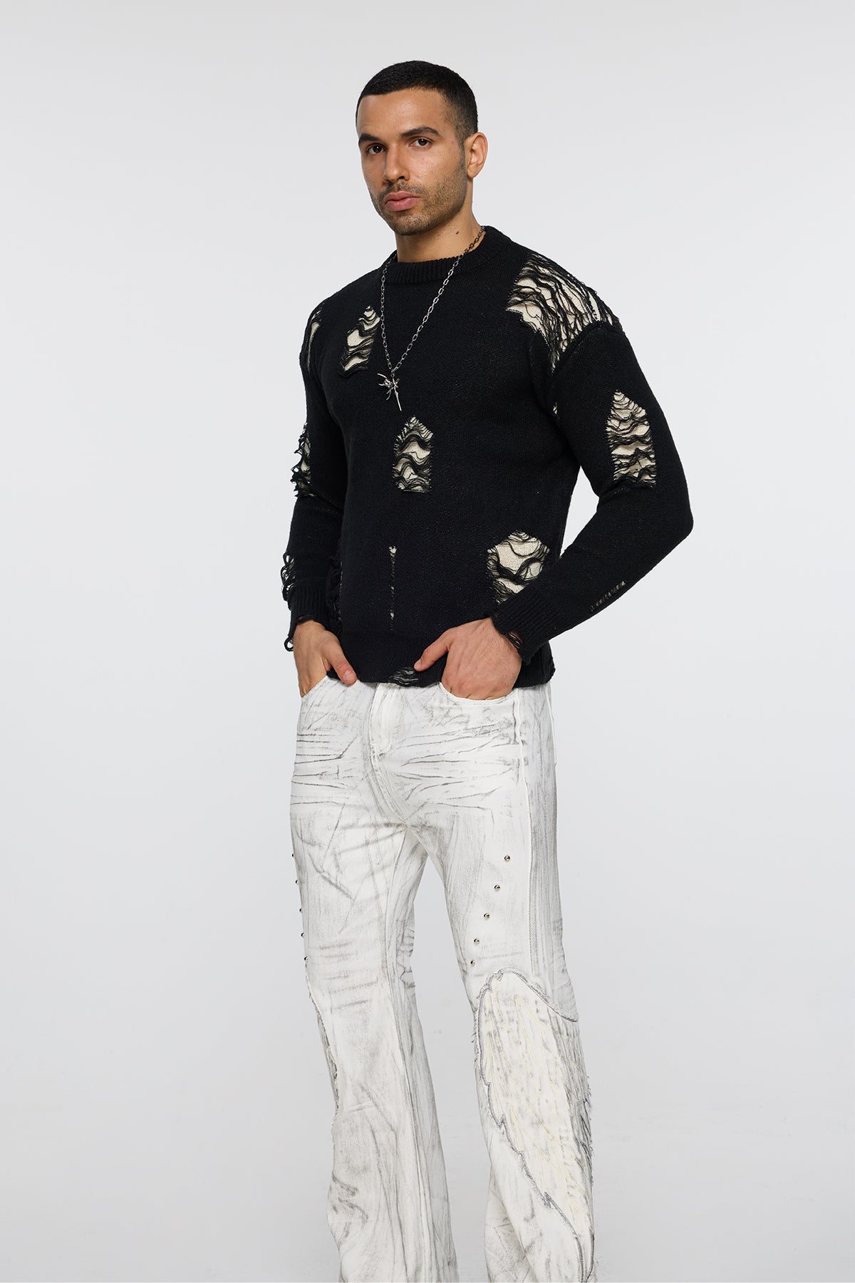 Ribbed Core Long Sleeve Ripped Knit Top Black