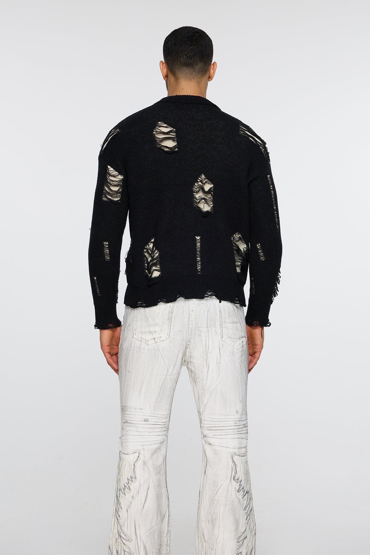 Ribbed Core Long Sleeve Ripped Knit Top Black