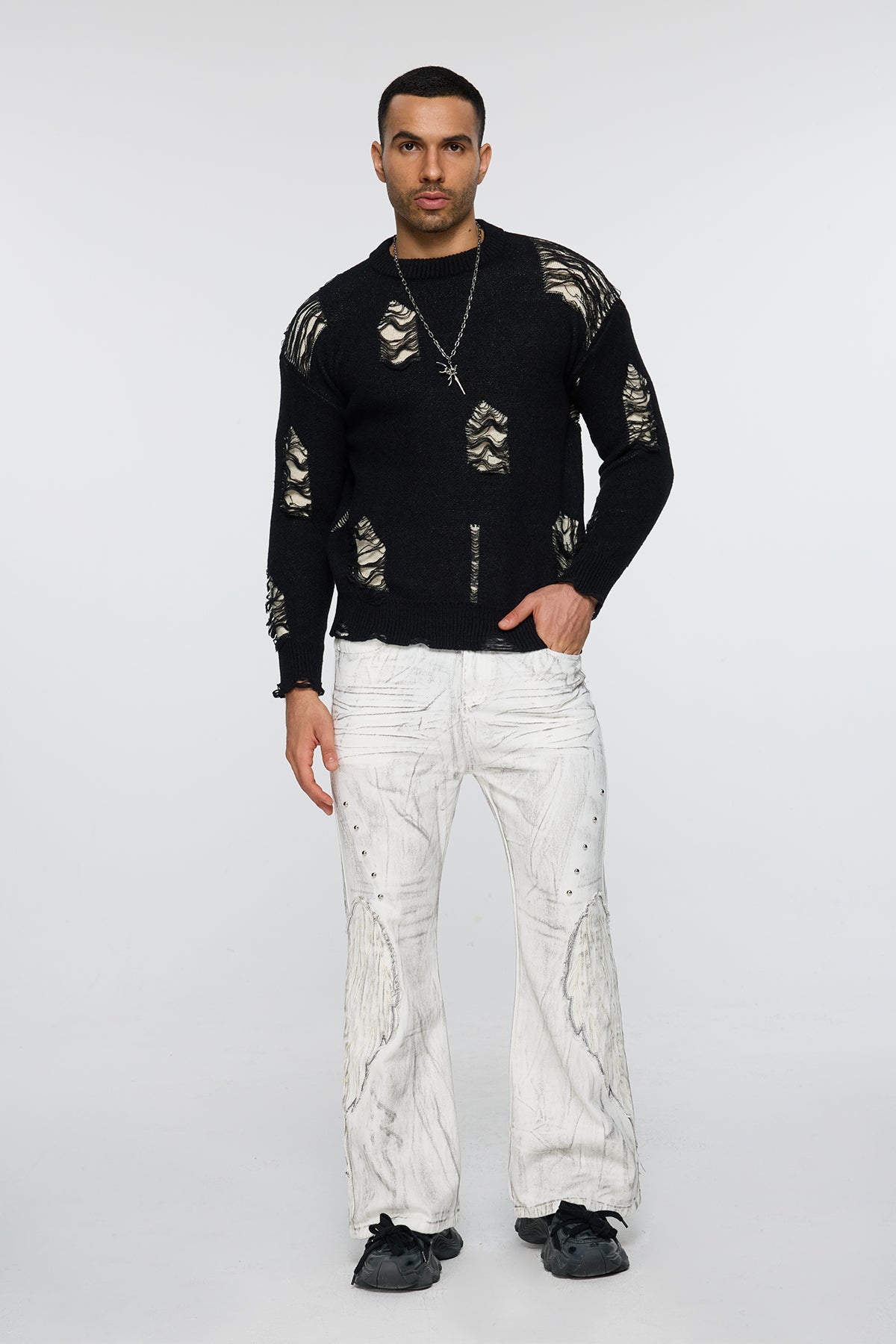 Ribbed Core Long Sleeve Ripped Knit Top Black