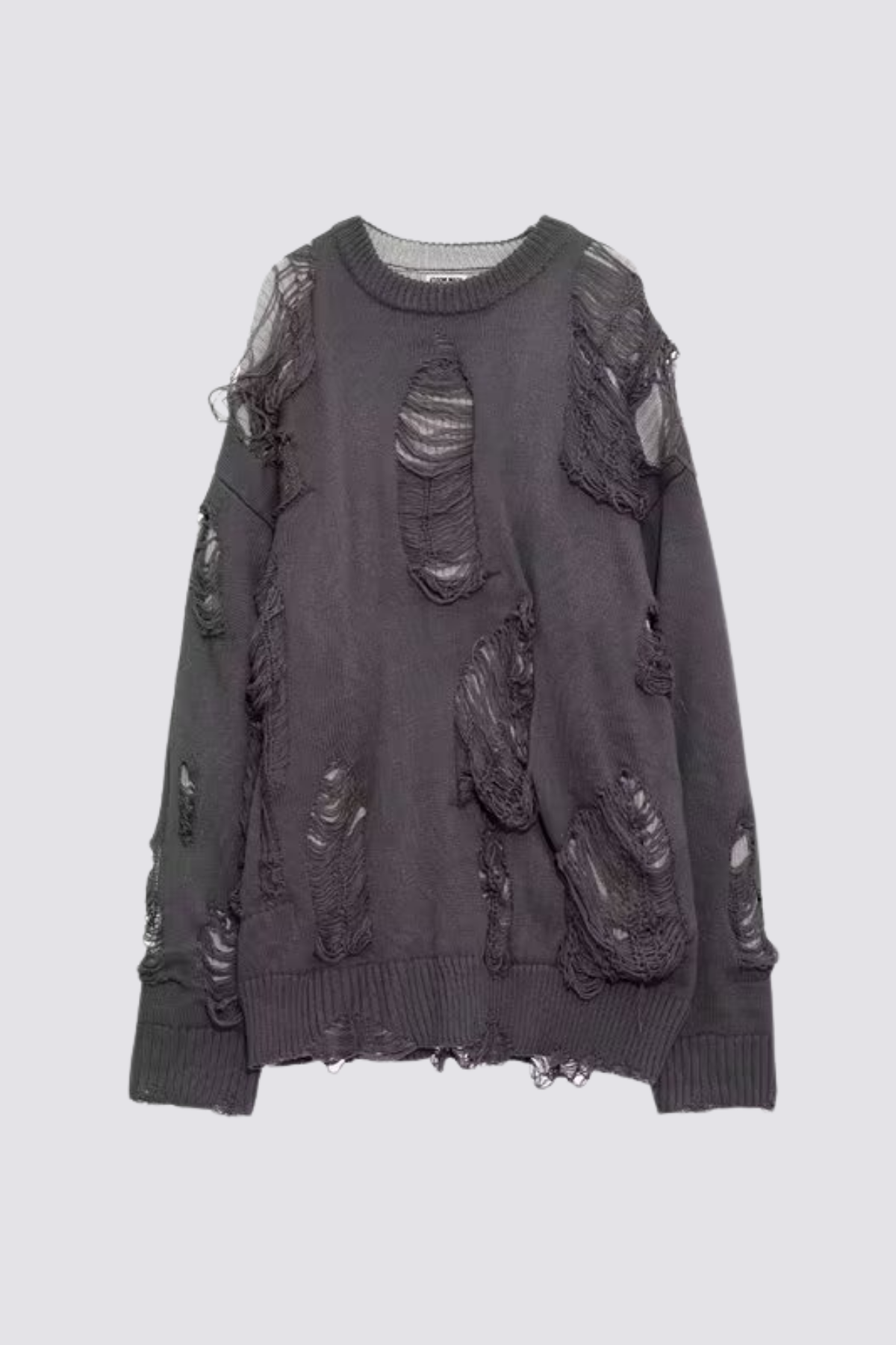 Ribbed Core Long Sleeve Ripped Knit Top Grey