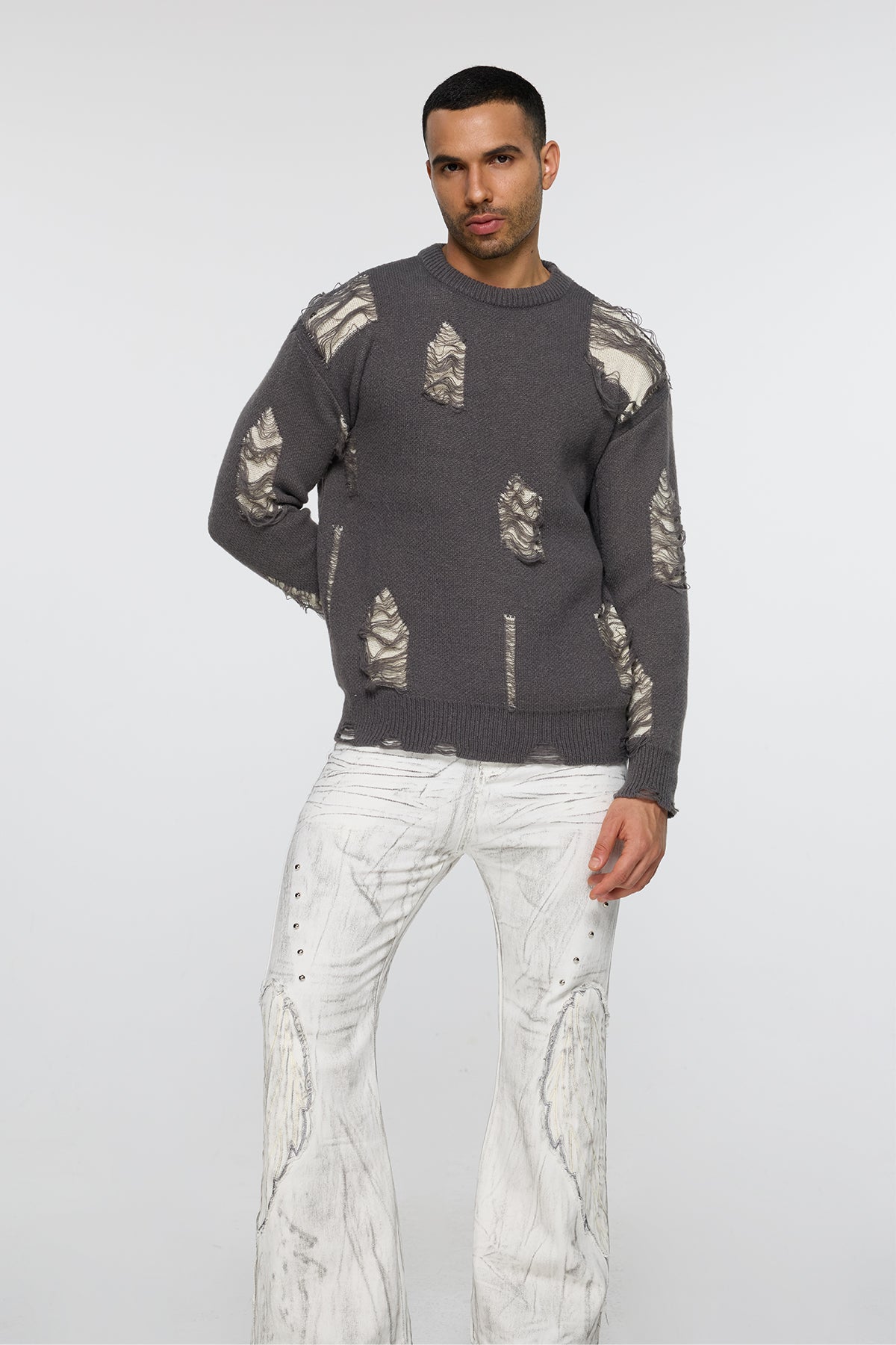 Ribbed Core Long Sleeve Ripped Knit Top Grey