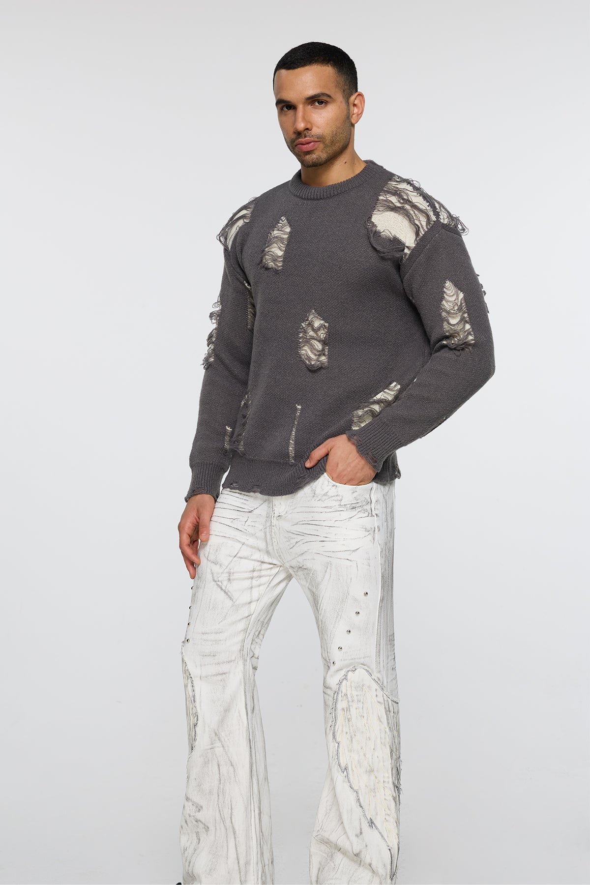 Ribbed Core Long Sleeve Ripped Knit Top Grey