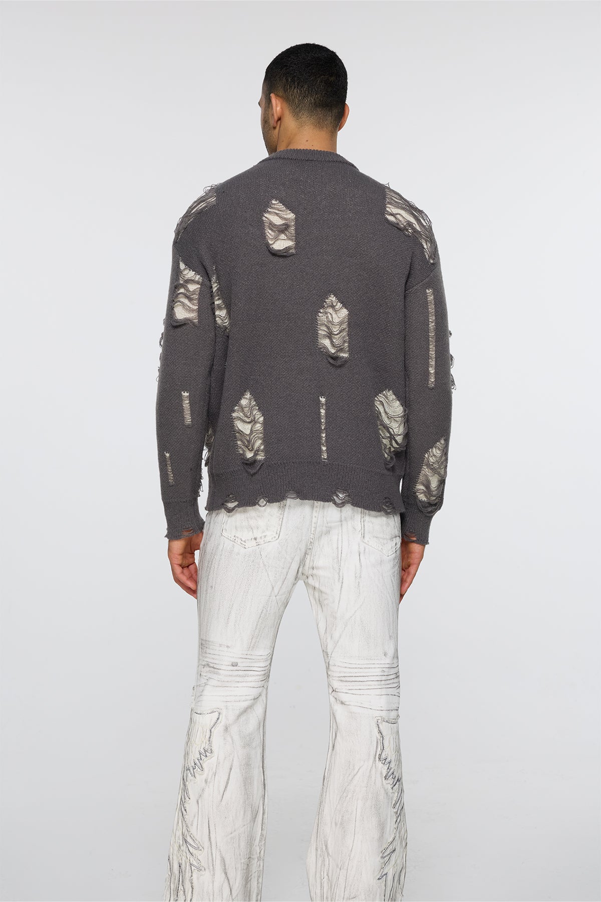 Ribbed Core Long Sleeve Ripped Knit Top Grey