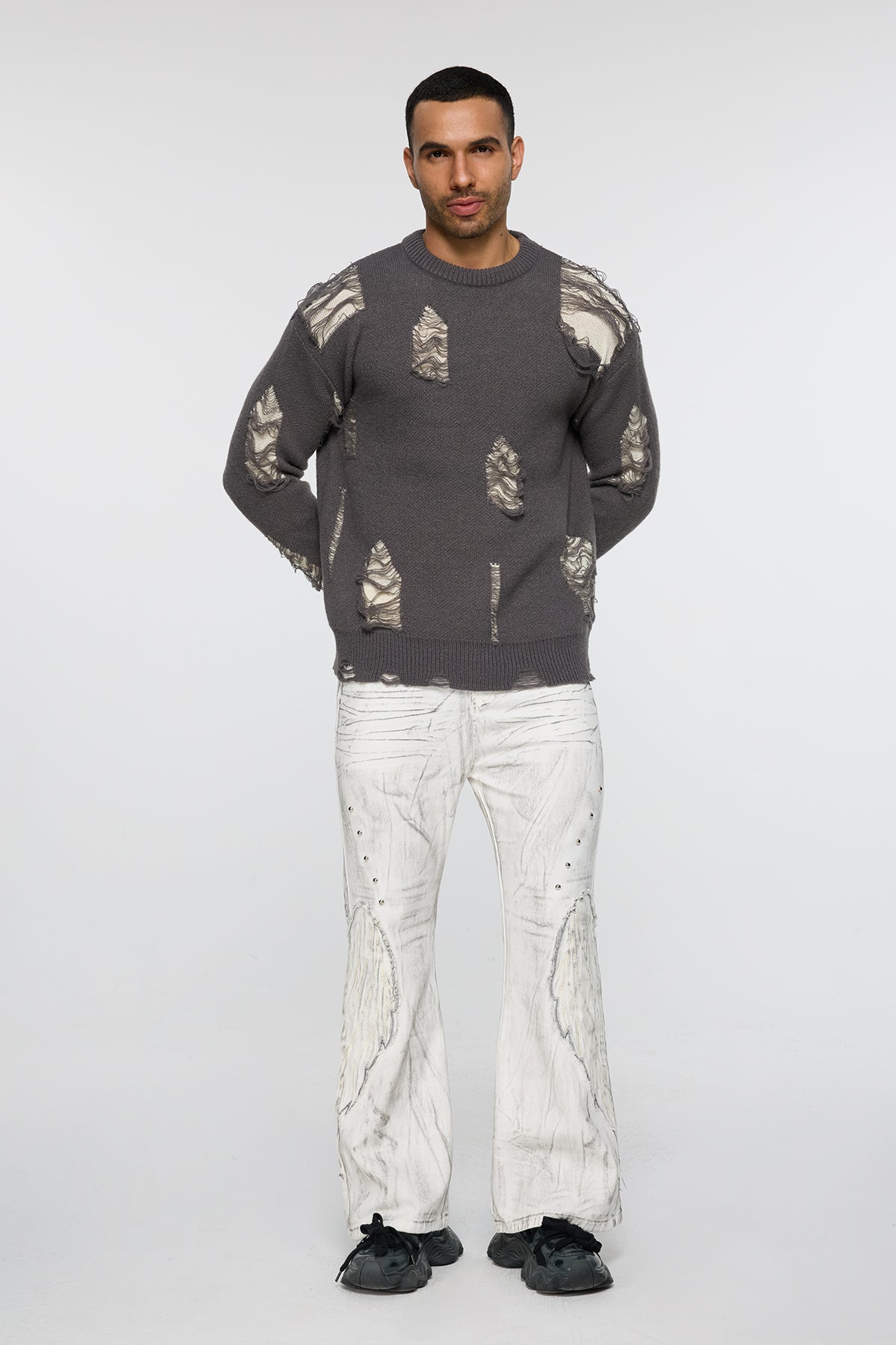 Ribbed Core Long Sleeve Ripped Knit Top Grey