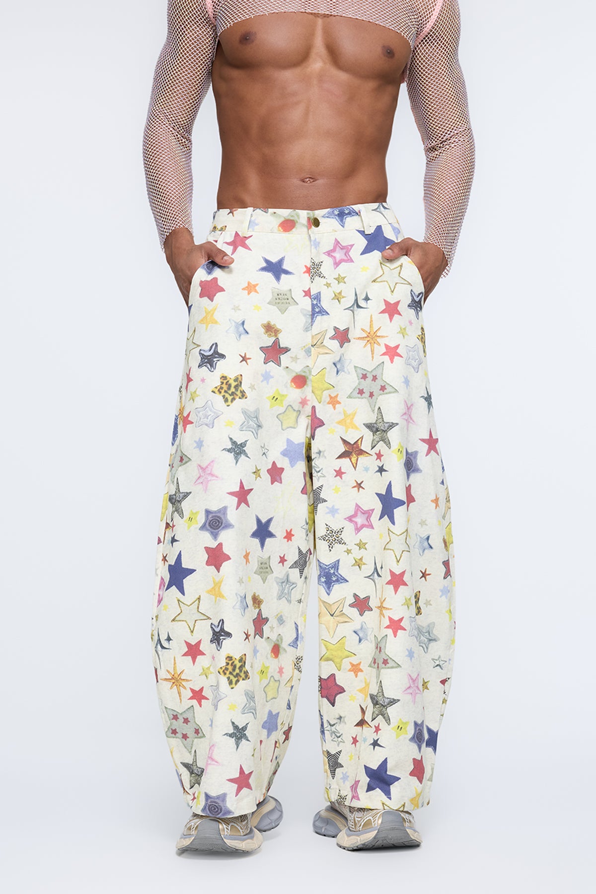 Ripstop Grid Star Print Wide Leg Pants