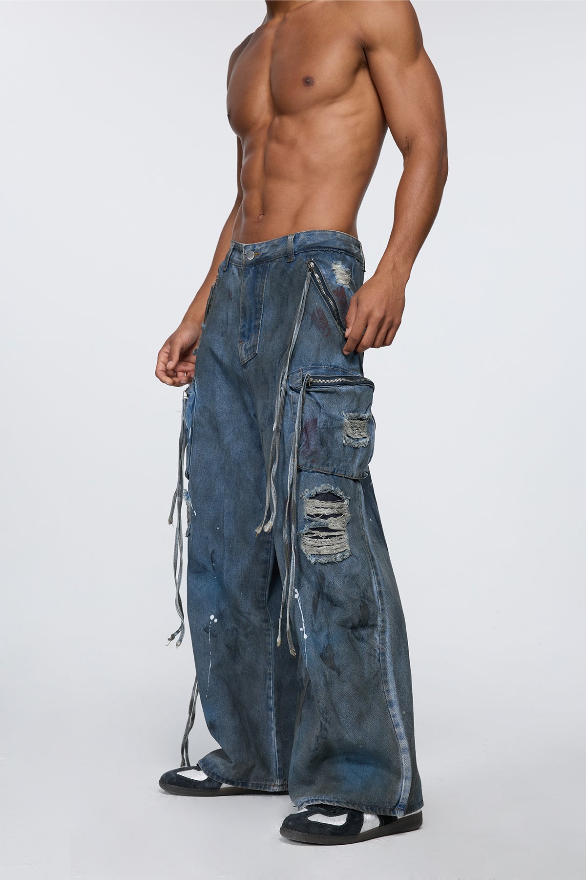 Rough Weave Wide Leg Cargo Jeans