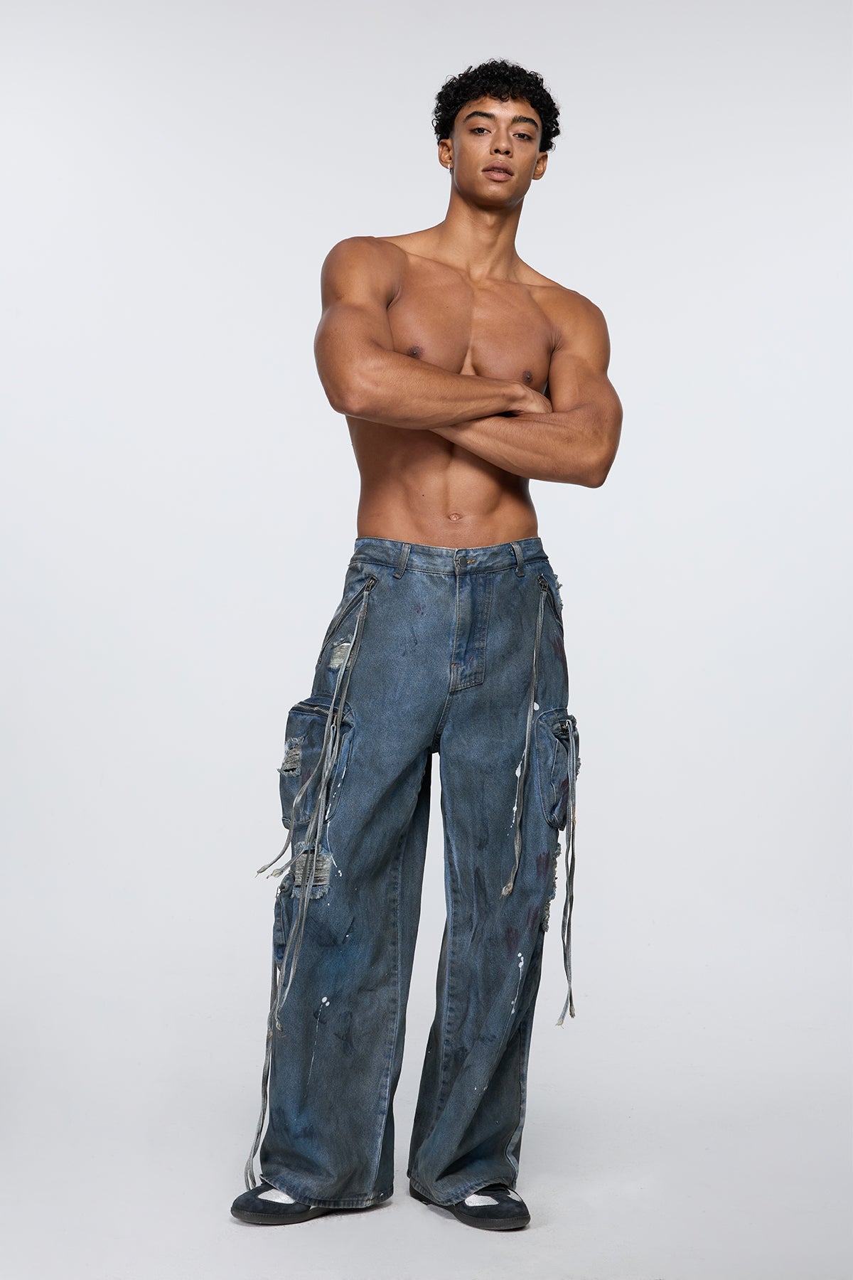 Rough Weave Wide Leg Cargo Jeans