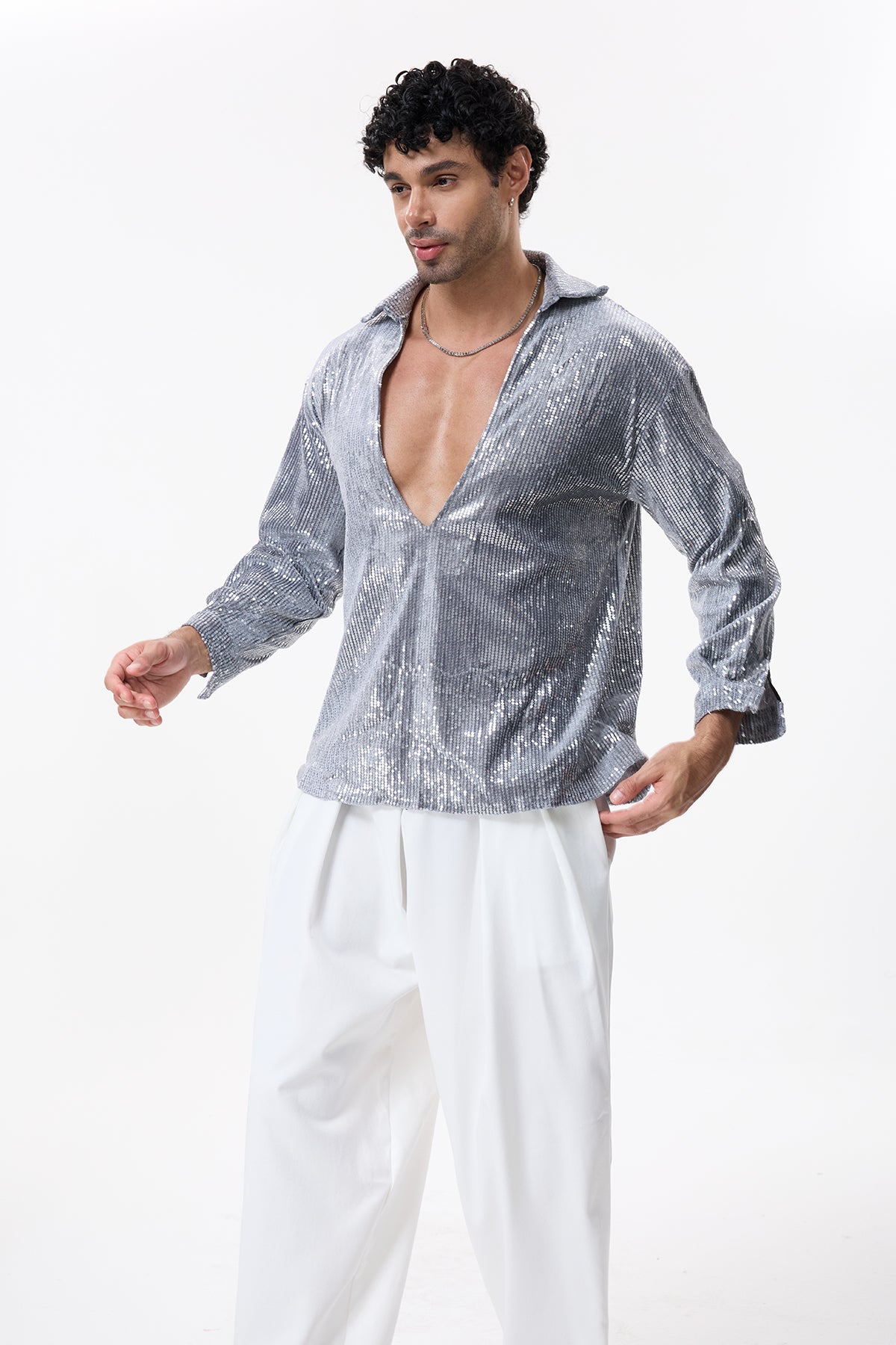 Sable Wrap V Neck Sequin Long Sleeve Shirt