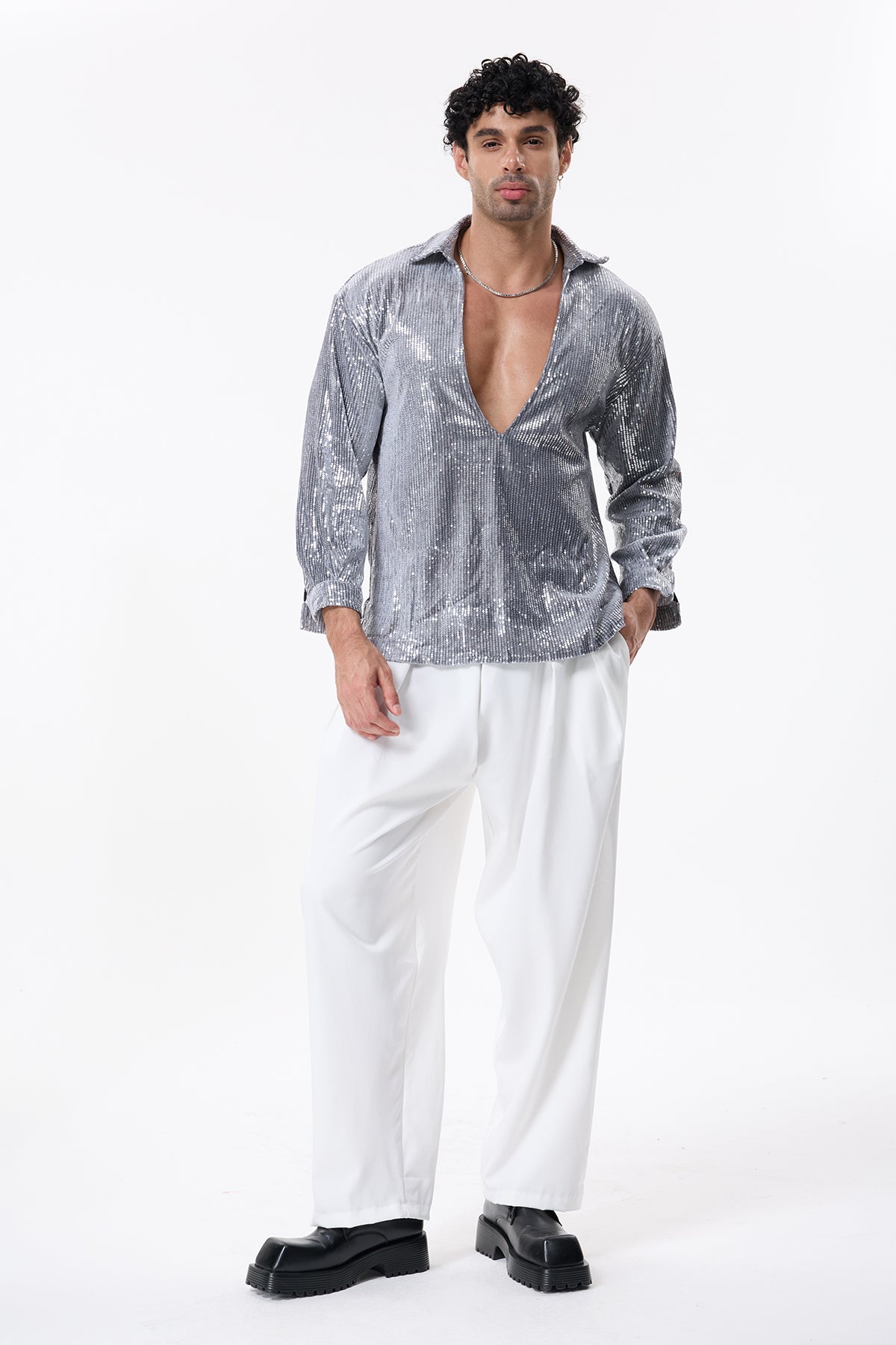 Sable Wrap V Neck Sequin Long Sleeve Shirt