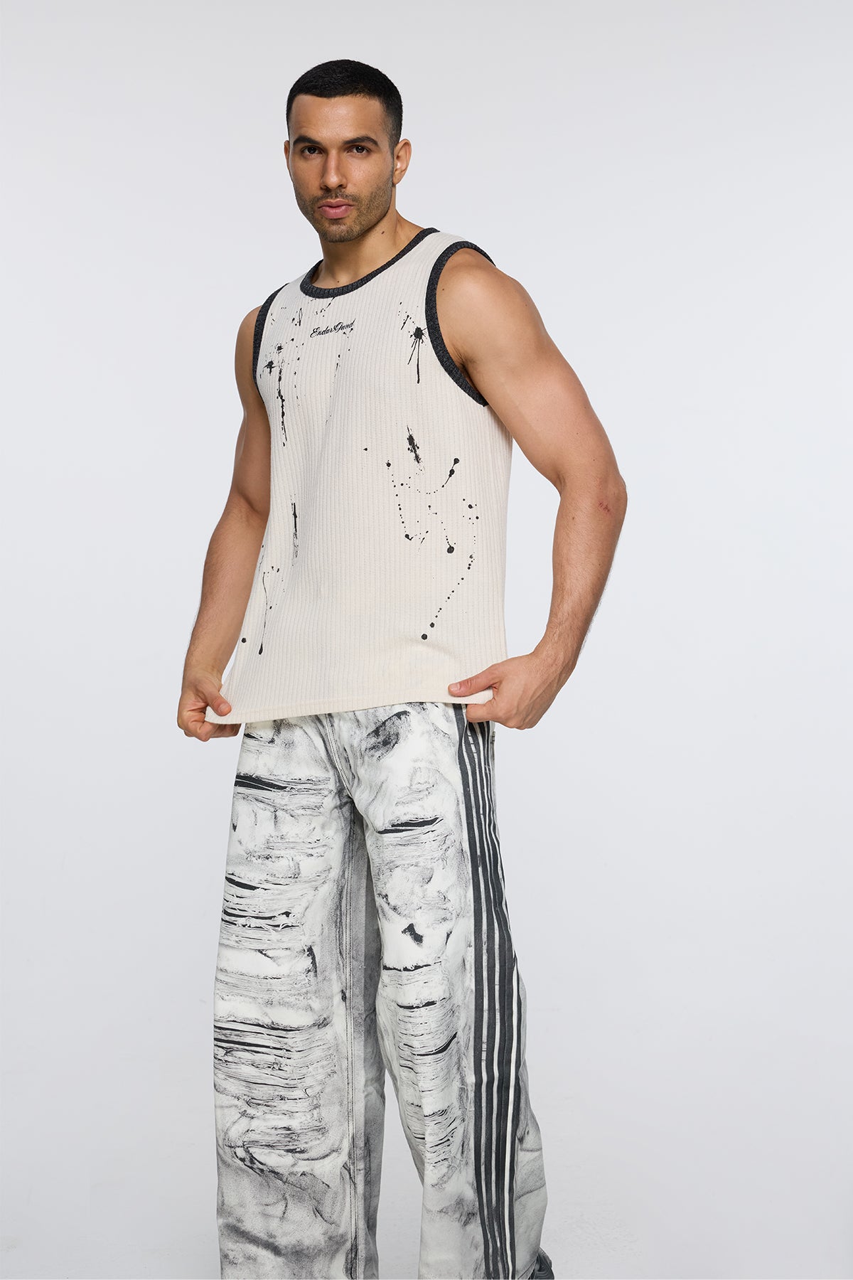 Screened Line Print Tank Top Beige