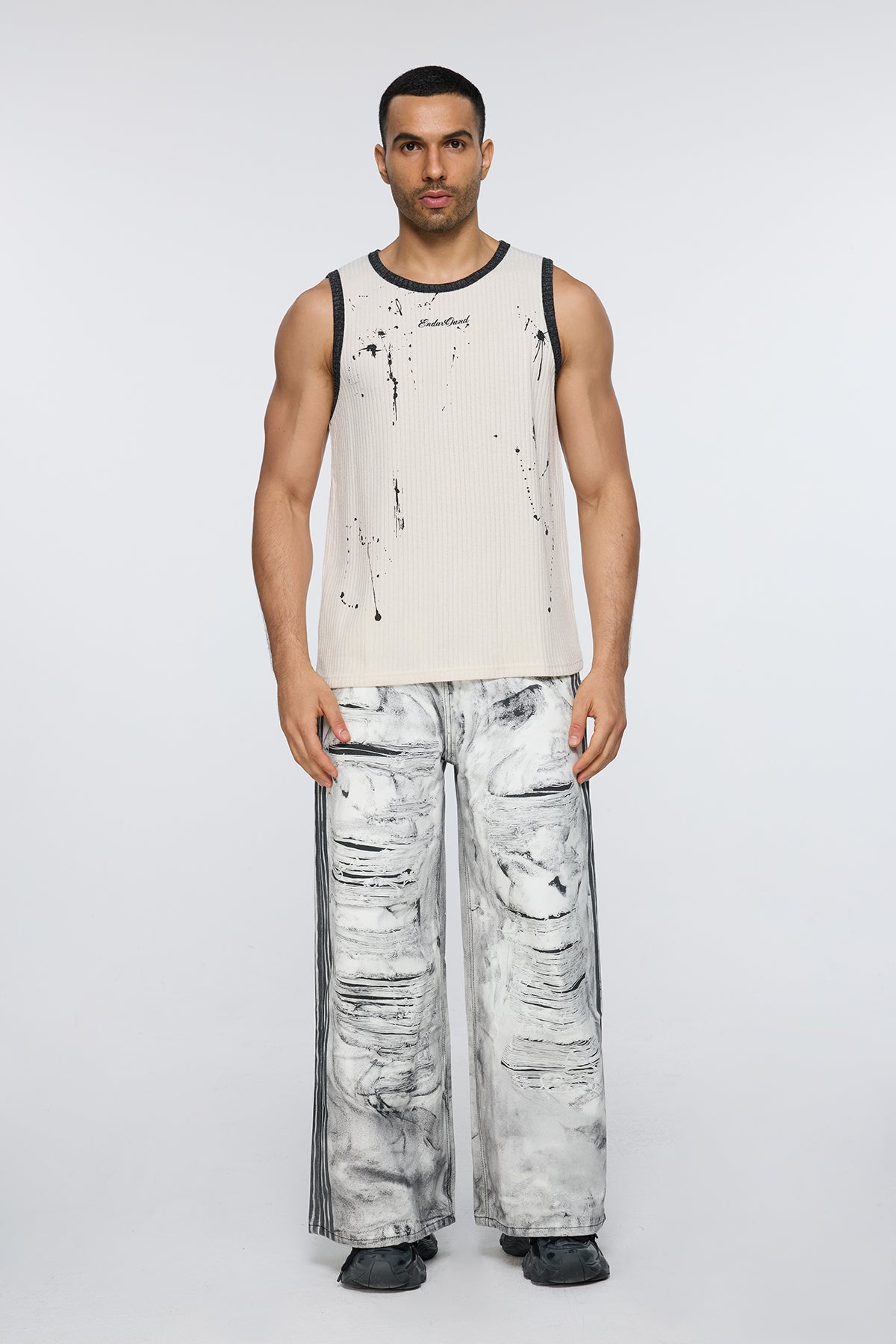Screened Line Print Tank Top Beige
