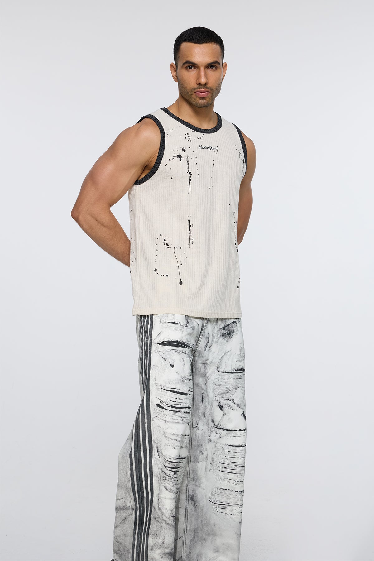 Screened Line Print Tank Top Beige