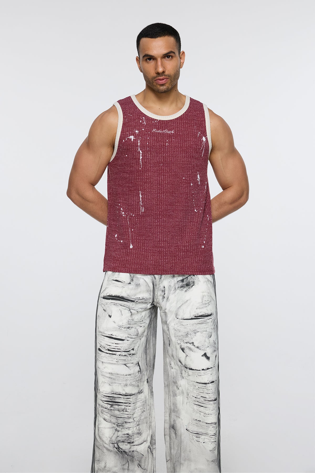 Screened Line Print Tank Top Red