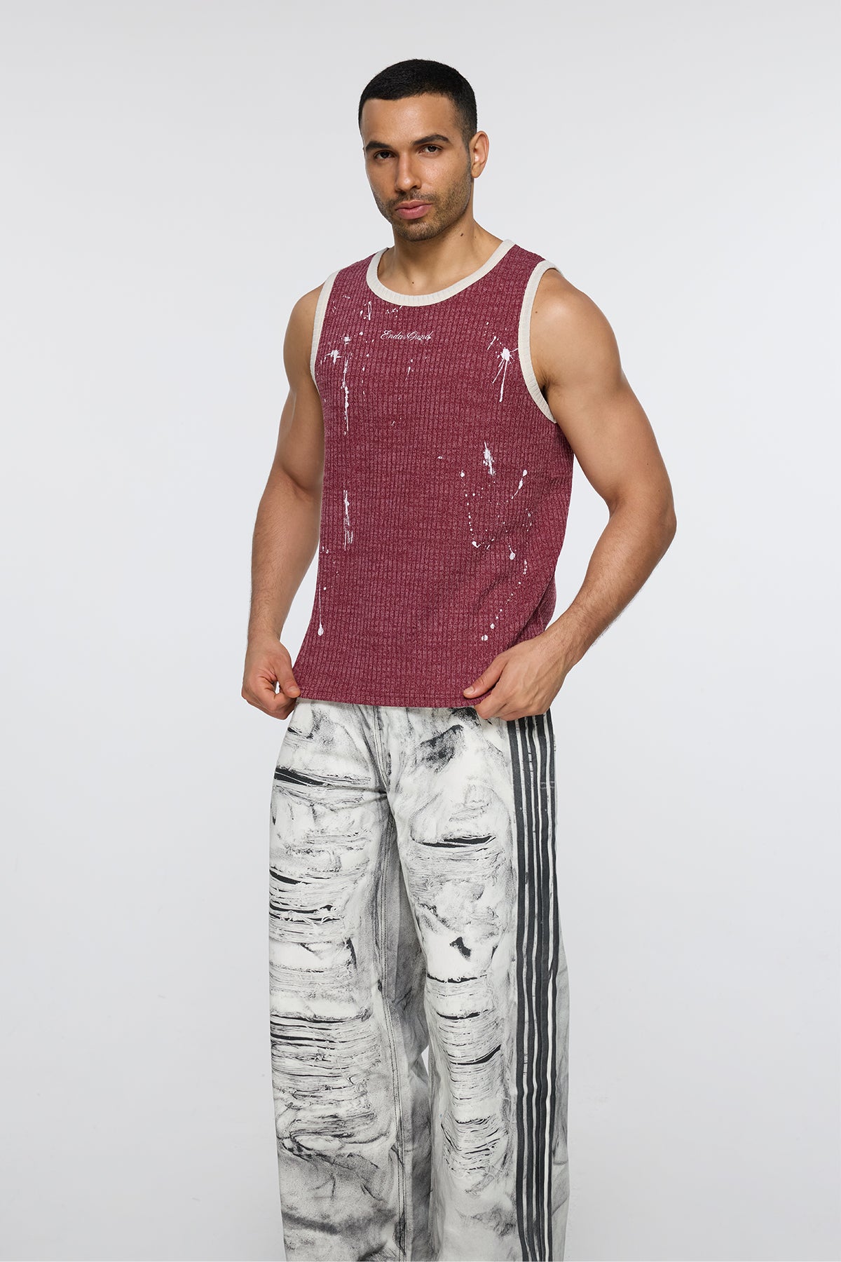 Screened Line Print Tank Top Red