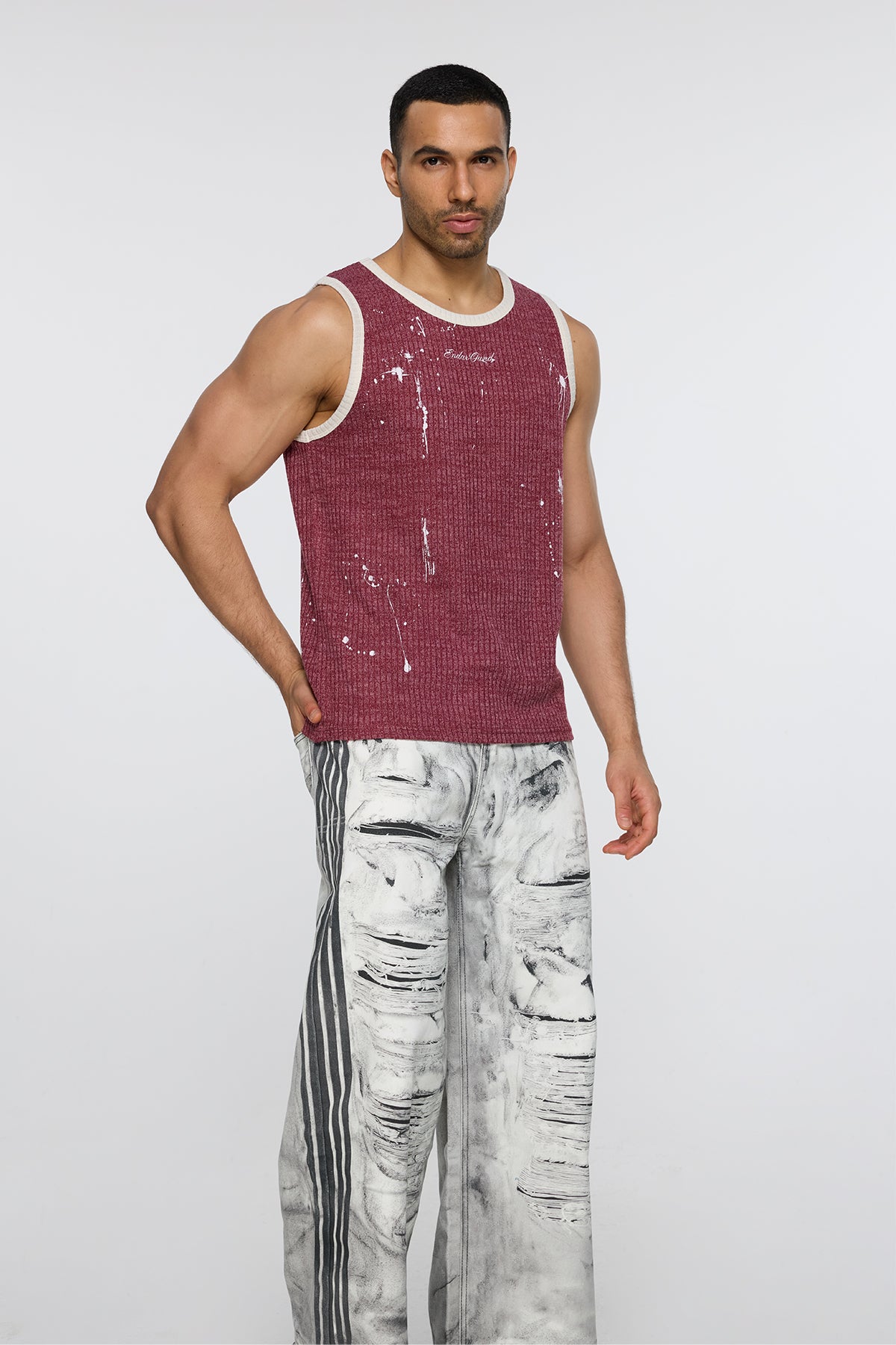 Screened Line Print Tank Top Red