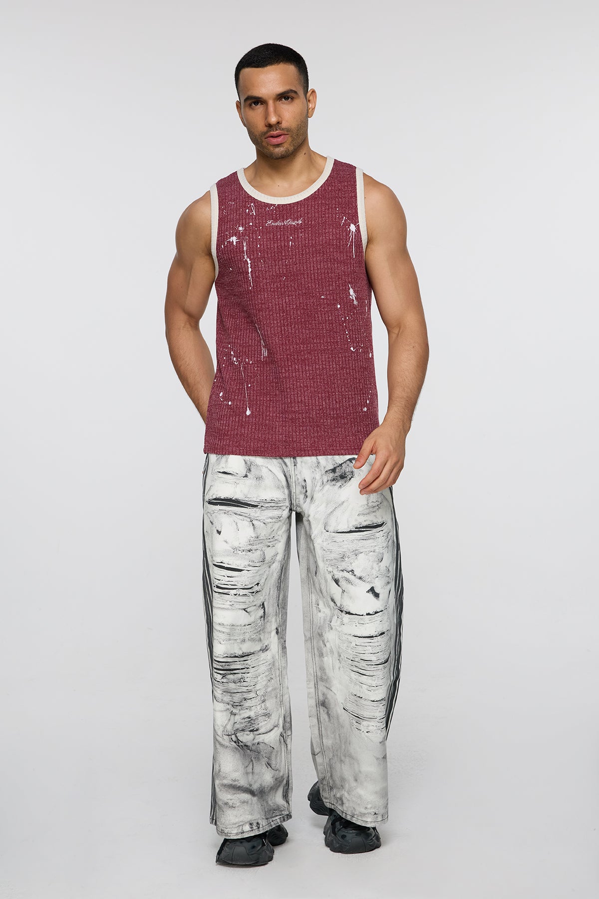 Screened Line Print Tank Top Red