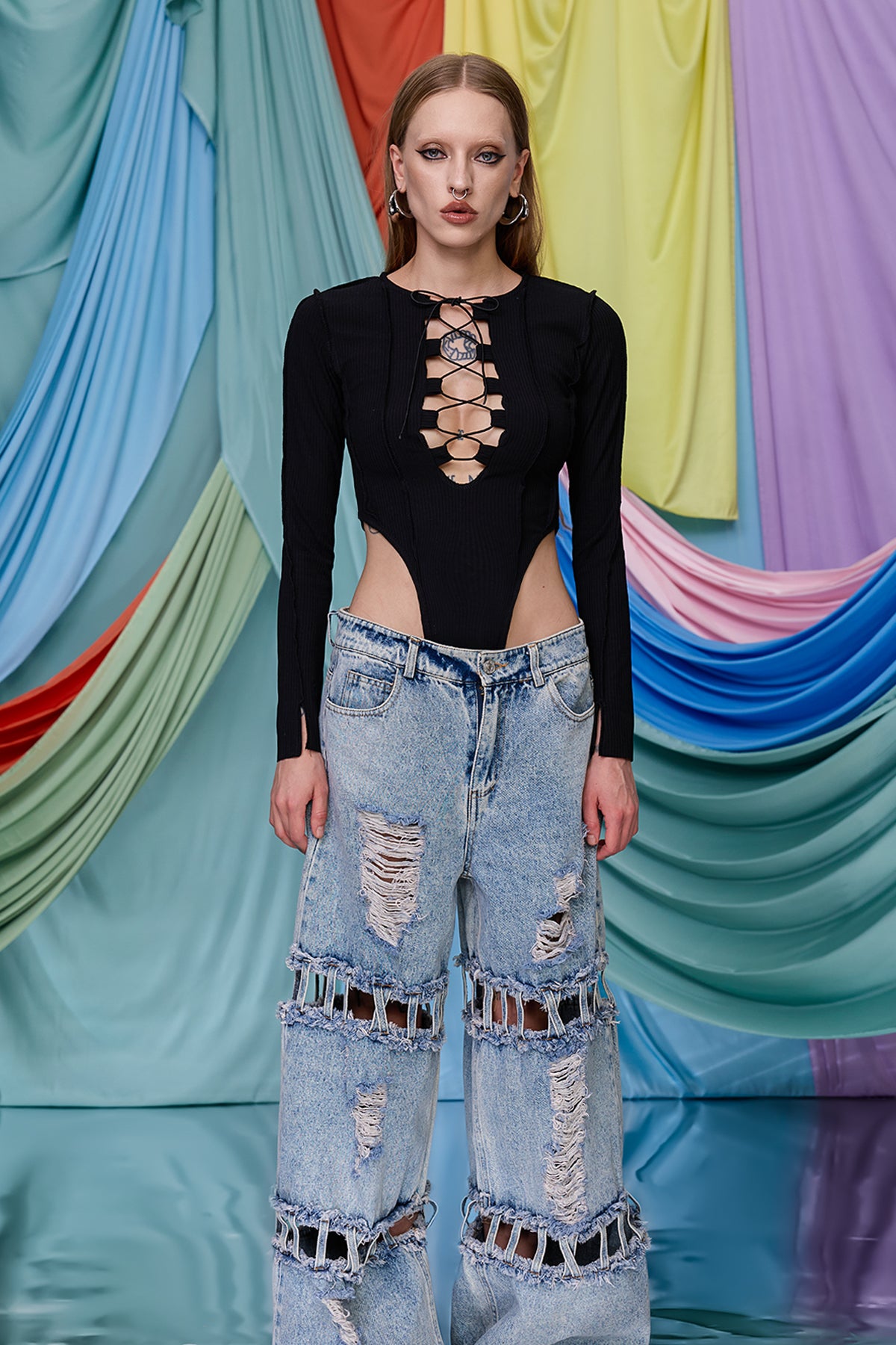 Seam Logic Lace Up Long Sleeve Bodysuit