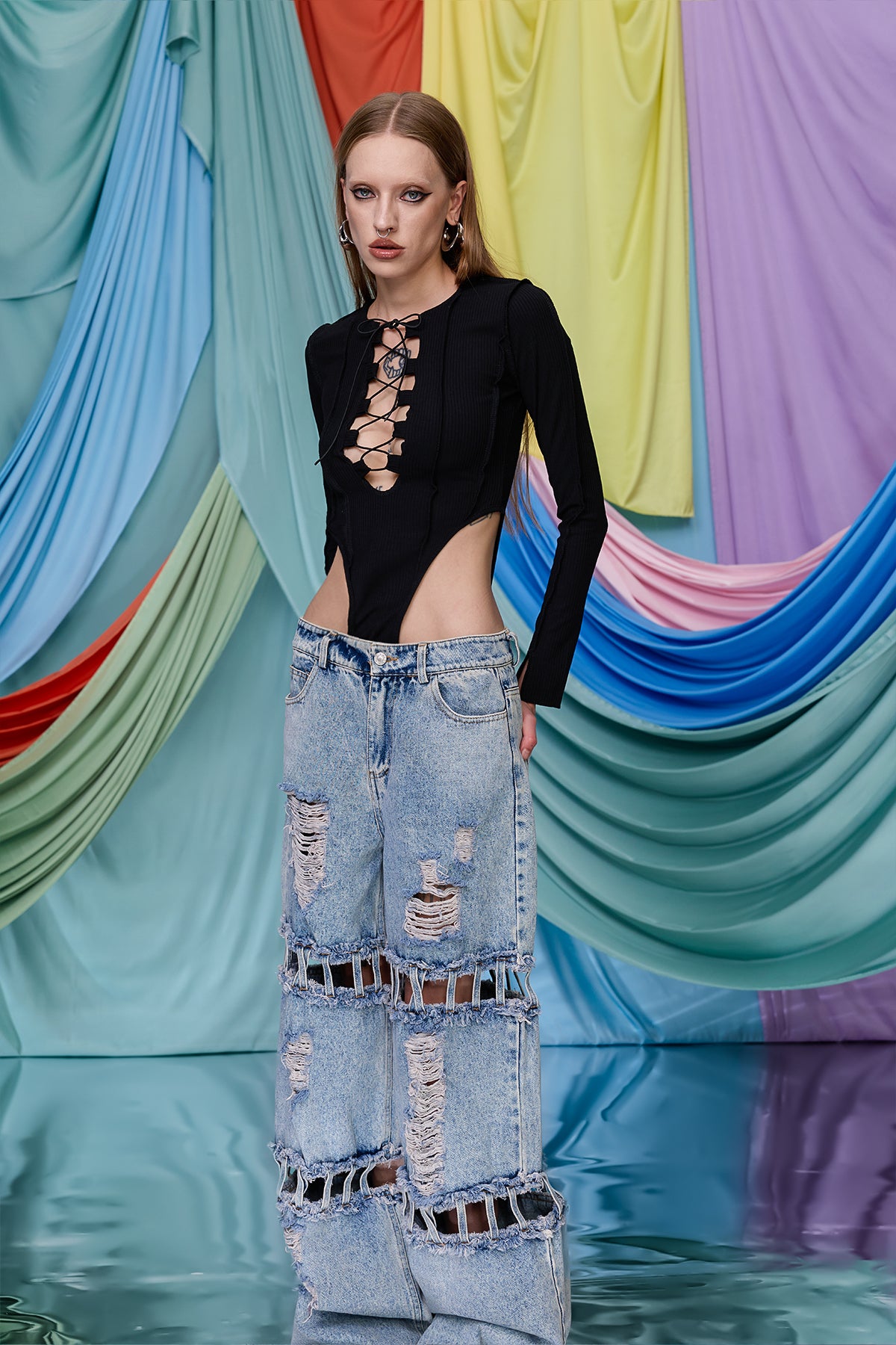 Seam Logic Lace Up Long Sleeve Bodysuit