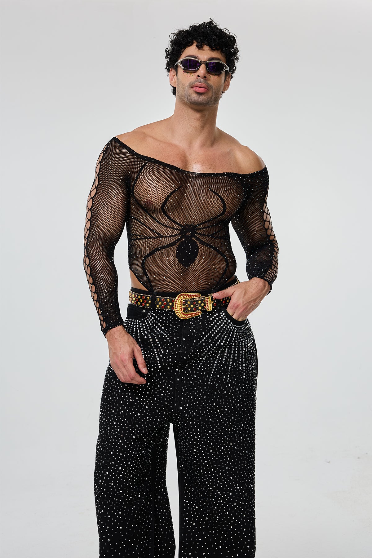 Second Outline Off Shoulder Rhinestone Cutout Bodysuit