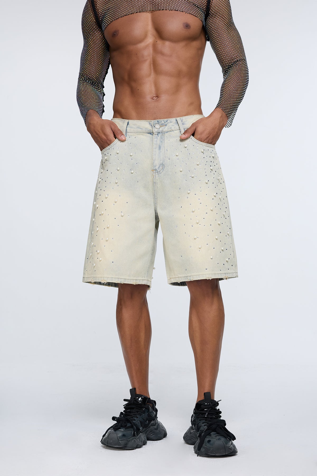 Selvedge Core Pearl Rhinestone Denim Shorts