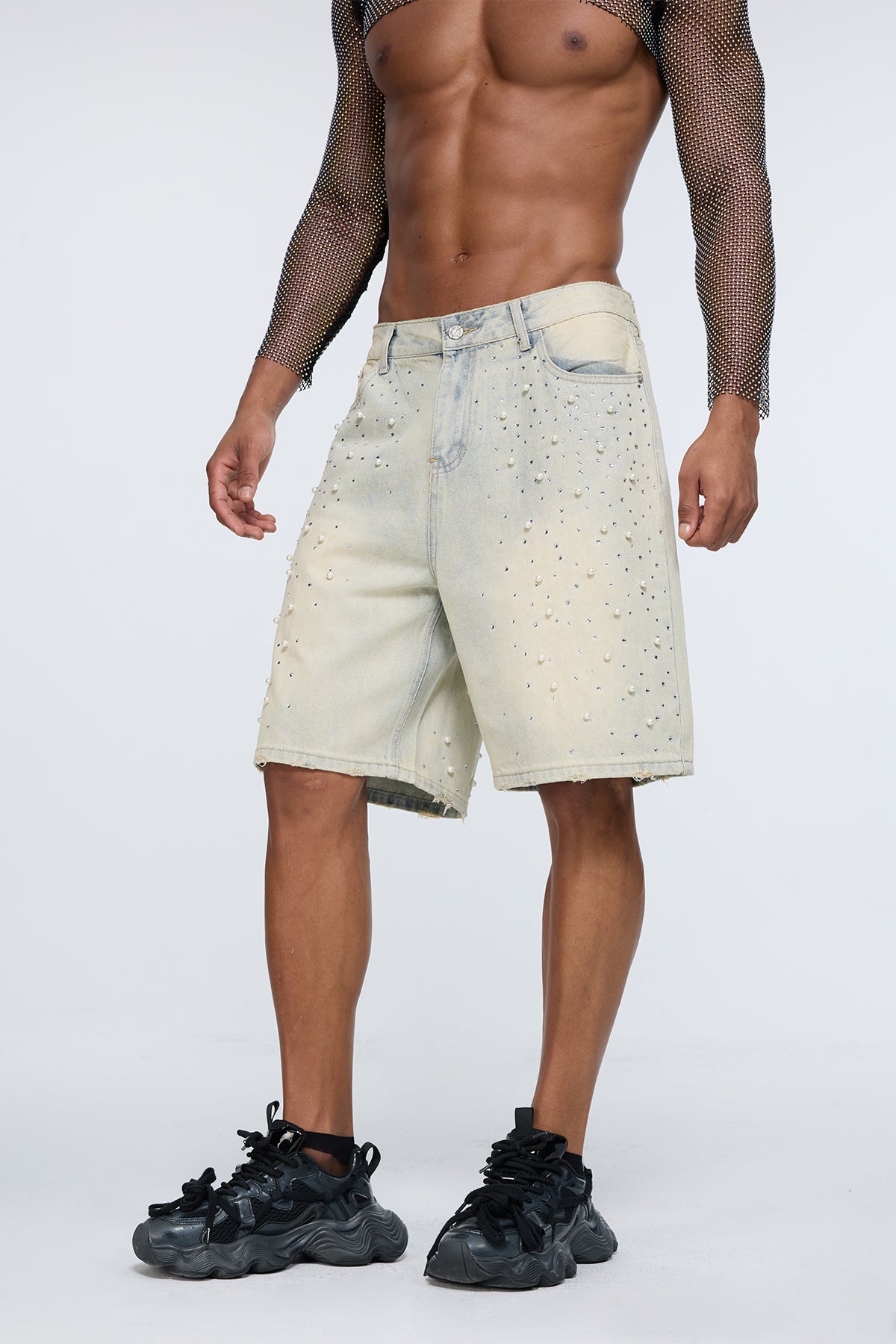 Selvedge Core Pearl Rhinestone Denim Shorts
