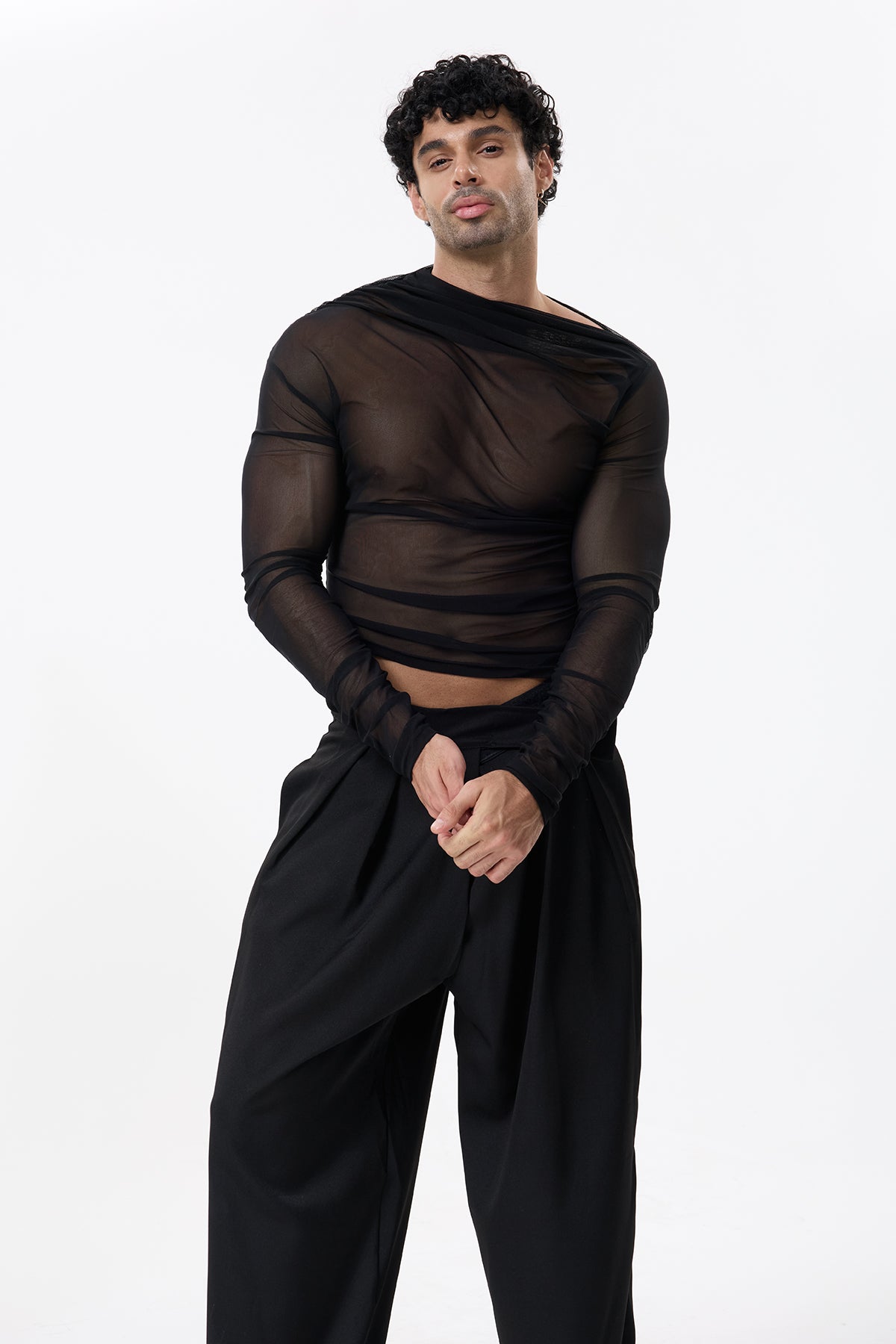 Shadow Drift Long Sleeve Ruched Mesh Top