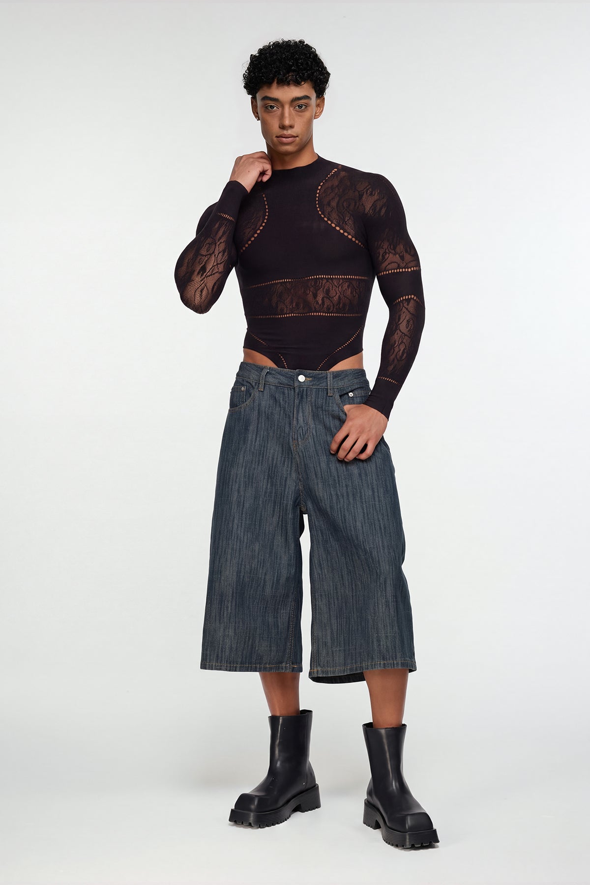 Shadow Form Mesh Long Sleeve Bodysuit Black