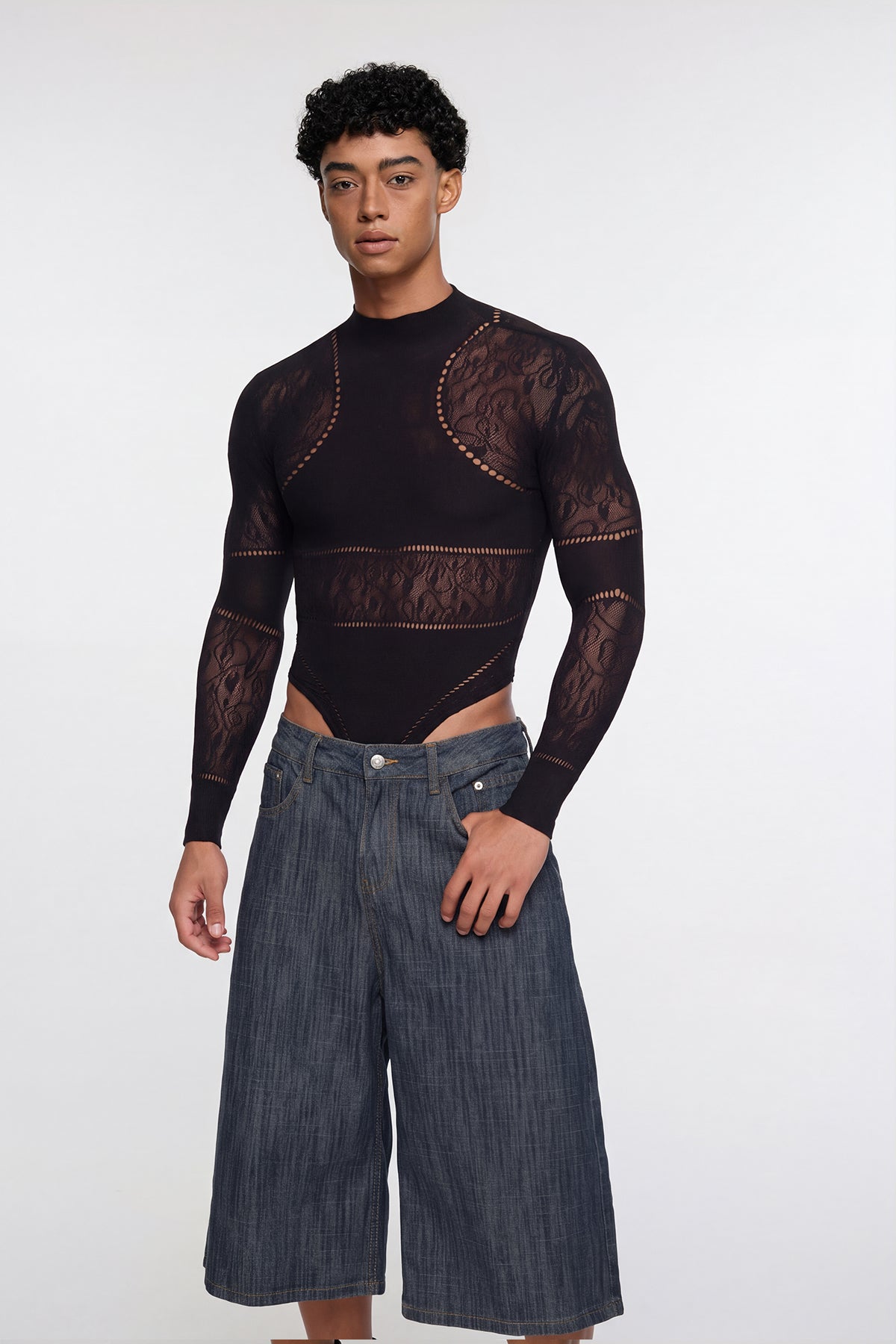 Shadow Form Mesh Long Sleeve Bodysuit Black