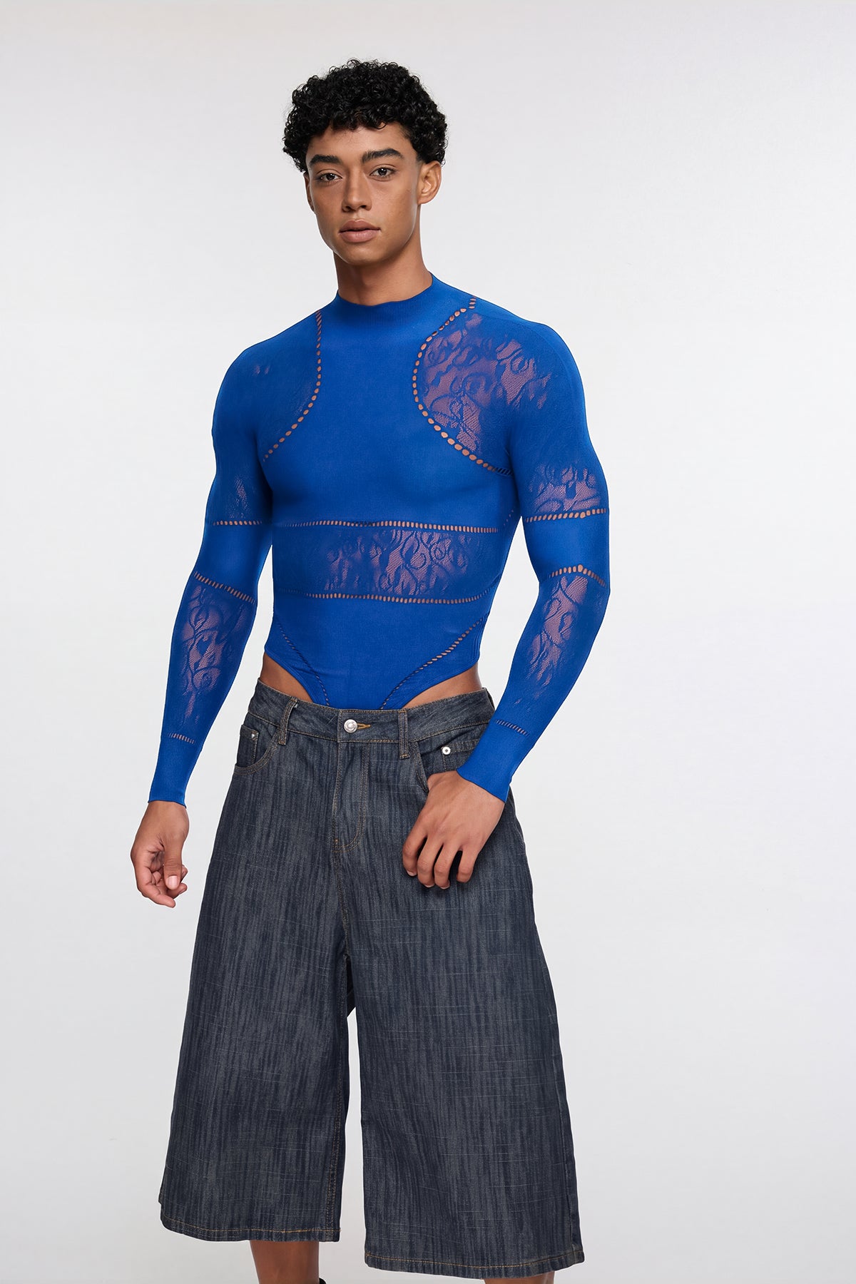 Shadow Form Mesh Long Sleeve Bodysuit Blue