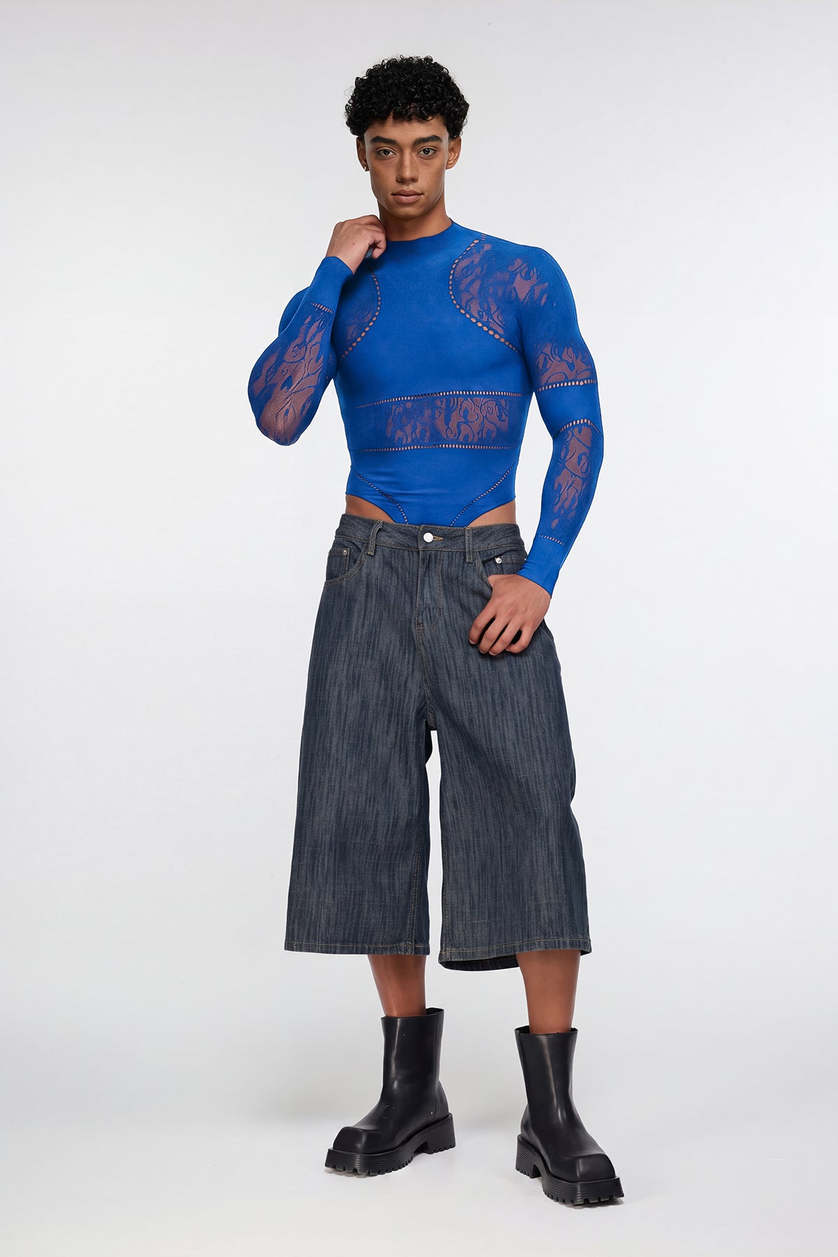 Shadow Form Mesh Long Sleeve Bodysuit Blue