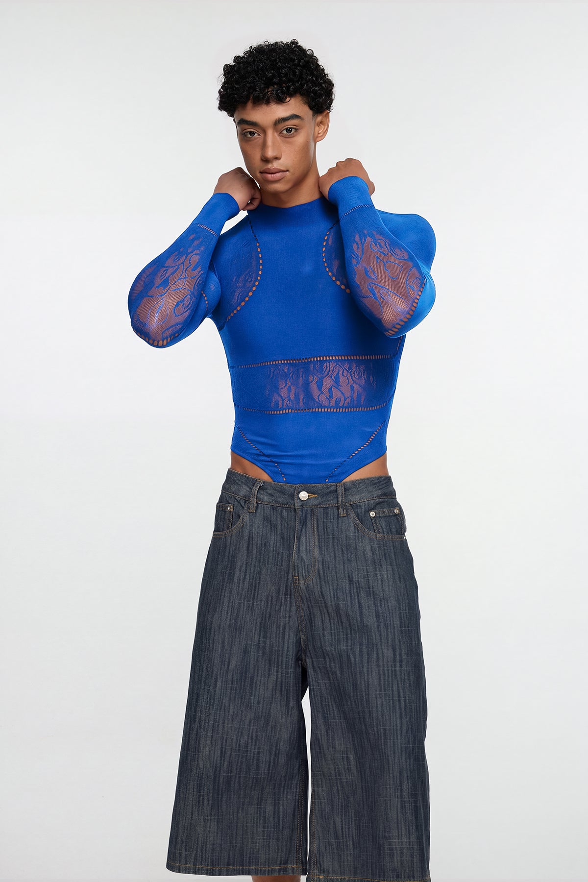 Shadow Form Mesh Long Sleeve Bodysuit Blue