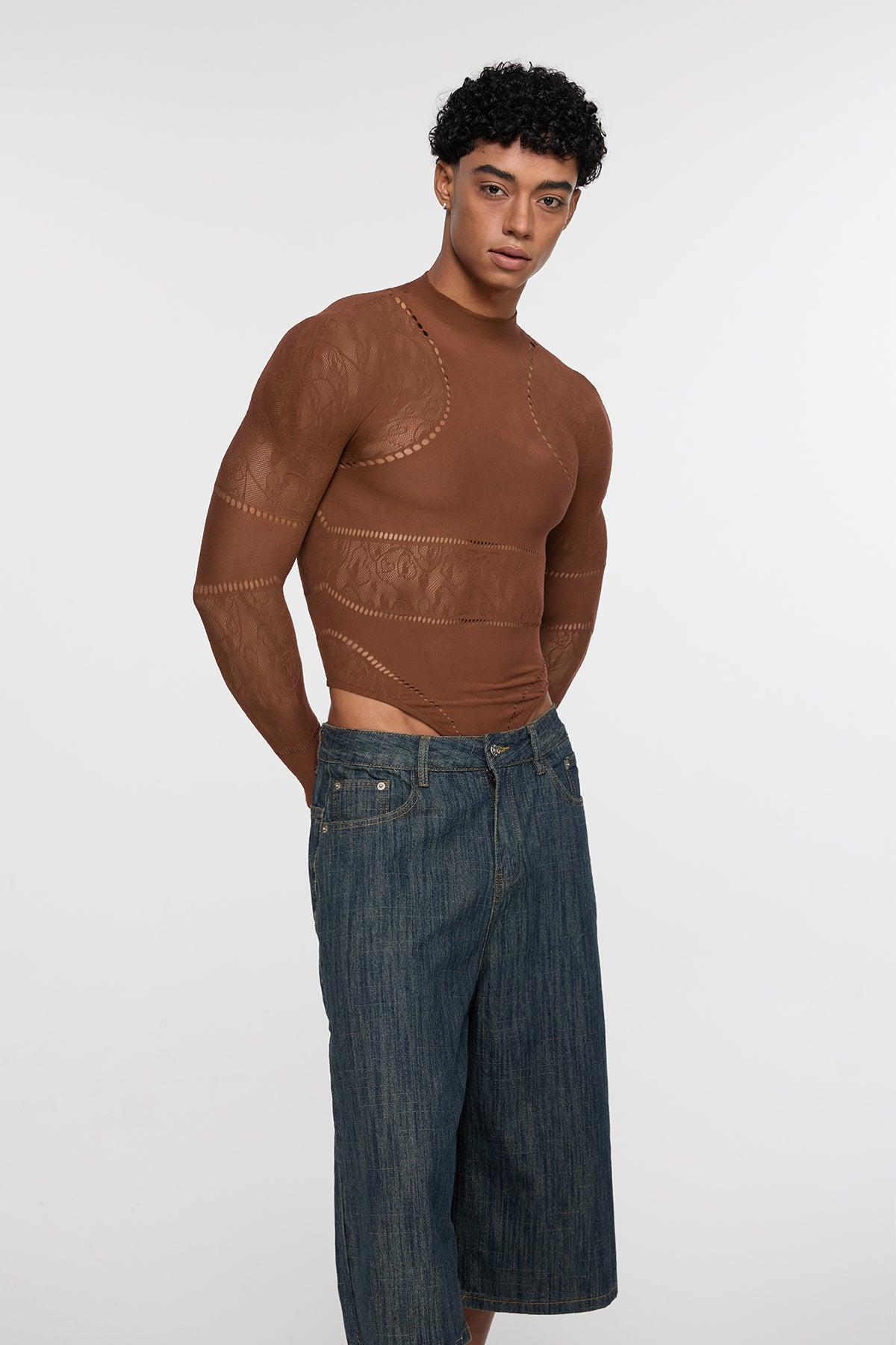 Shadow Form Mesh Long Sleeve Bodysuit Brown