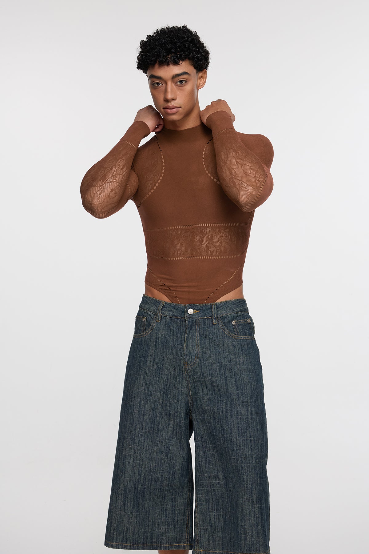 Shadow Form Mesh Long Sleeve Bodysuit Brown