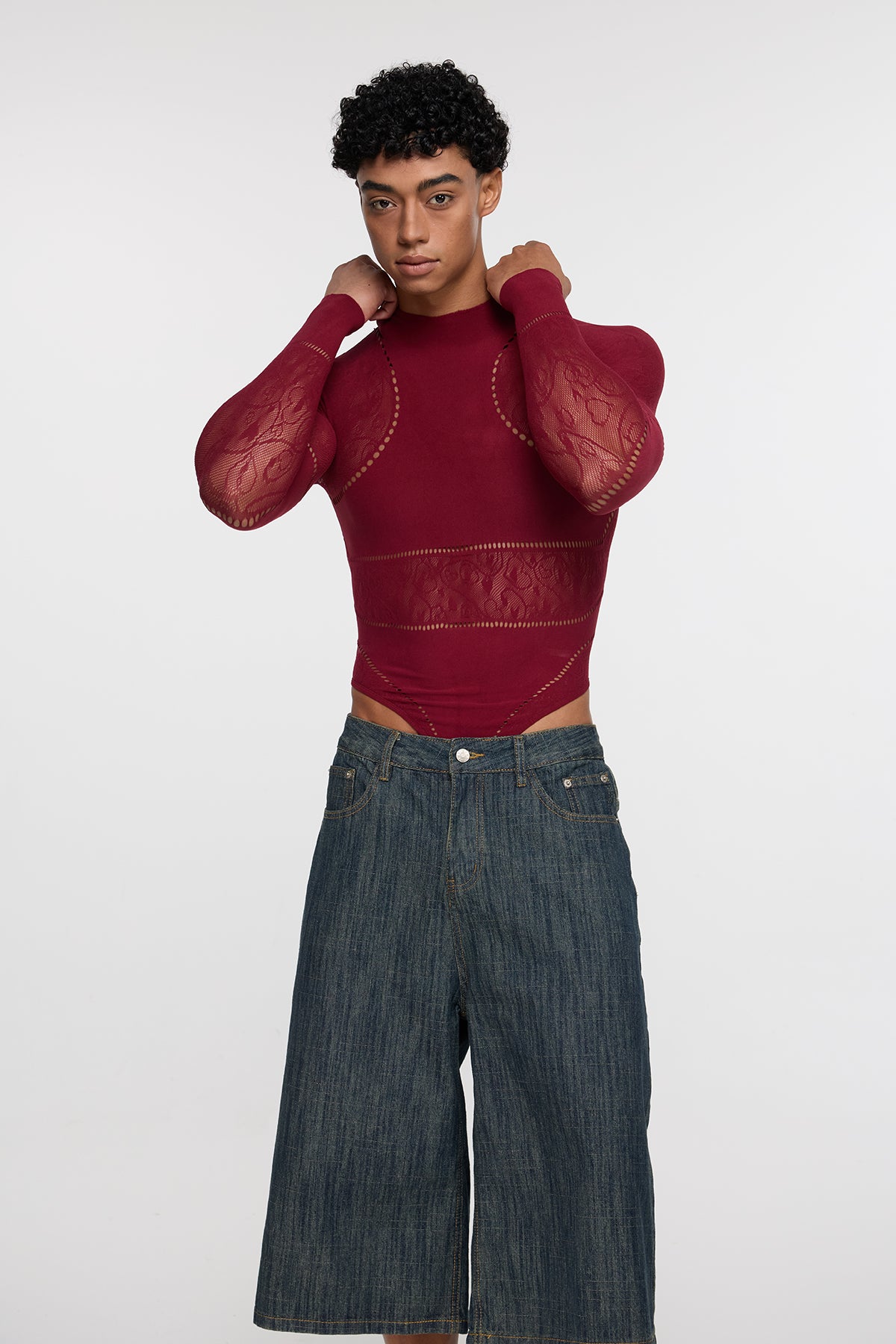 Shadow Form Mesh Long Sleeve Bodysuit Wine