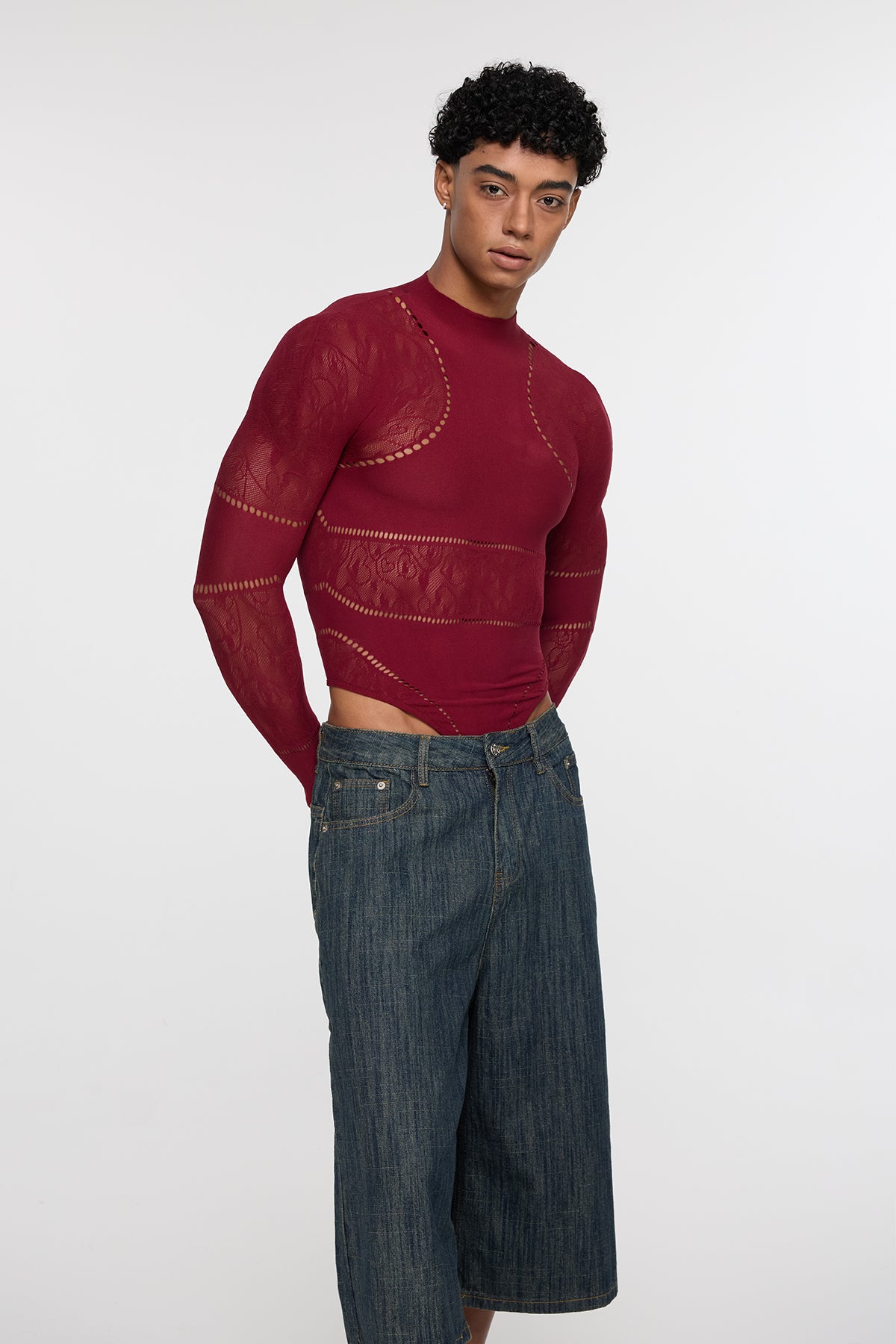 Shadow Form Mesh Long Sleeve Bodysuit Wine