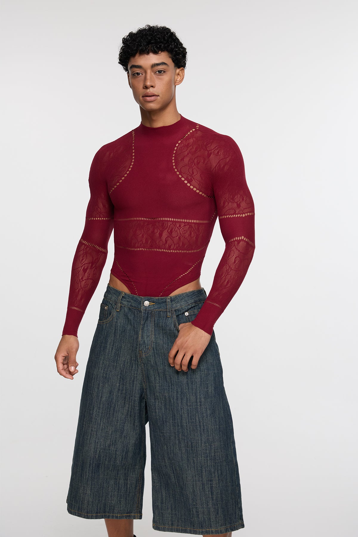 Shadow Form Mesh Long Sleeve Bodysuit Wine