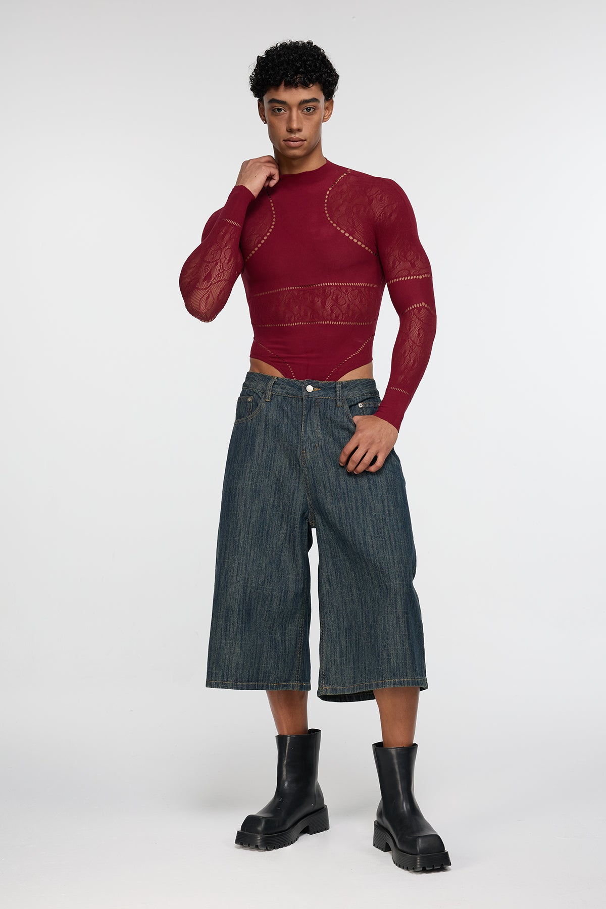 Shadow Form Mesh Long Sleeve Bodysuit Wine