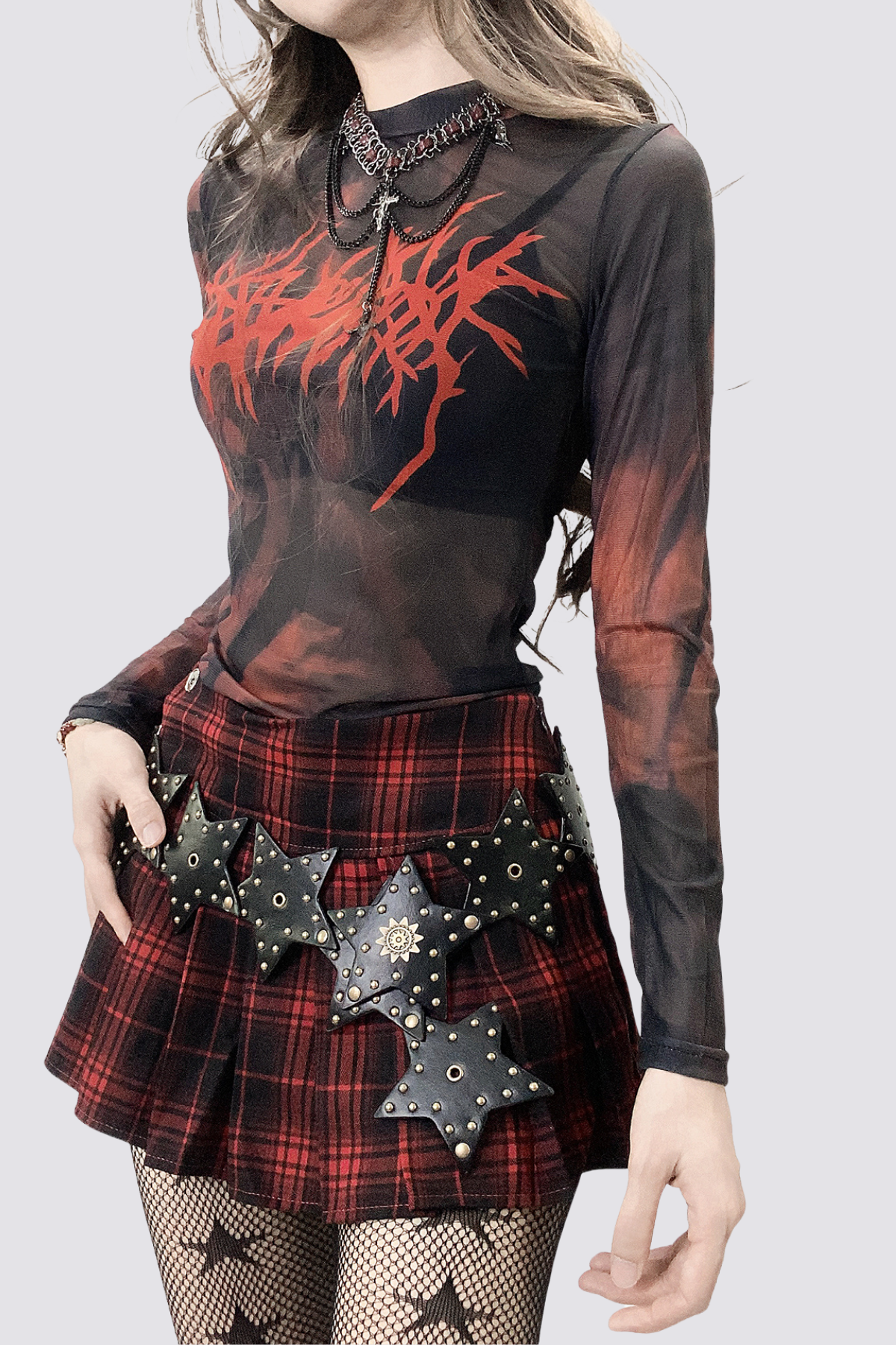 Shadow Glow Print Mesh Long Sleeve Top