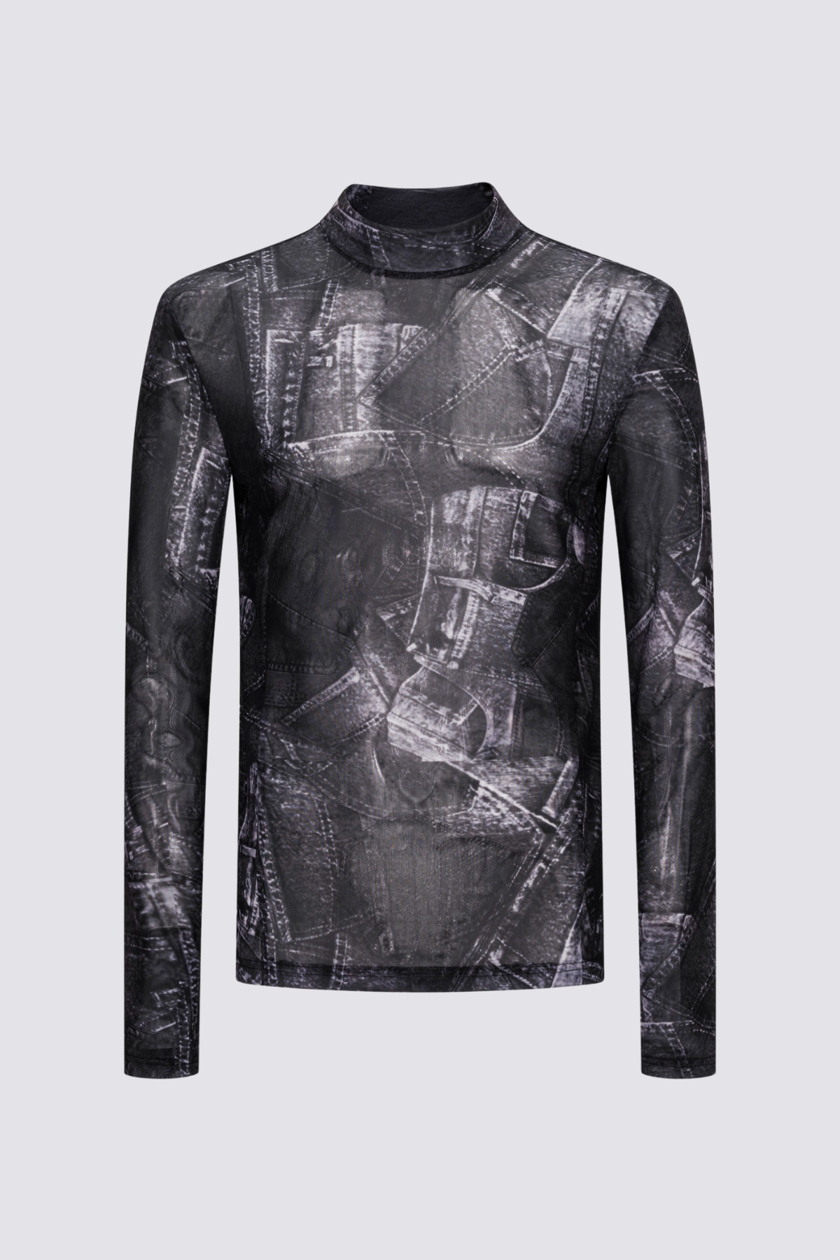 Shadow Layer Print Long Sleeve Mesh Top Black