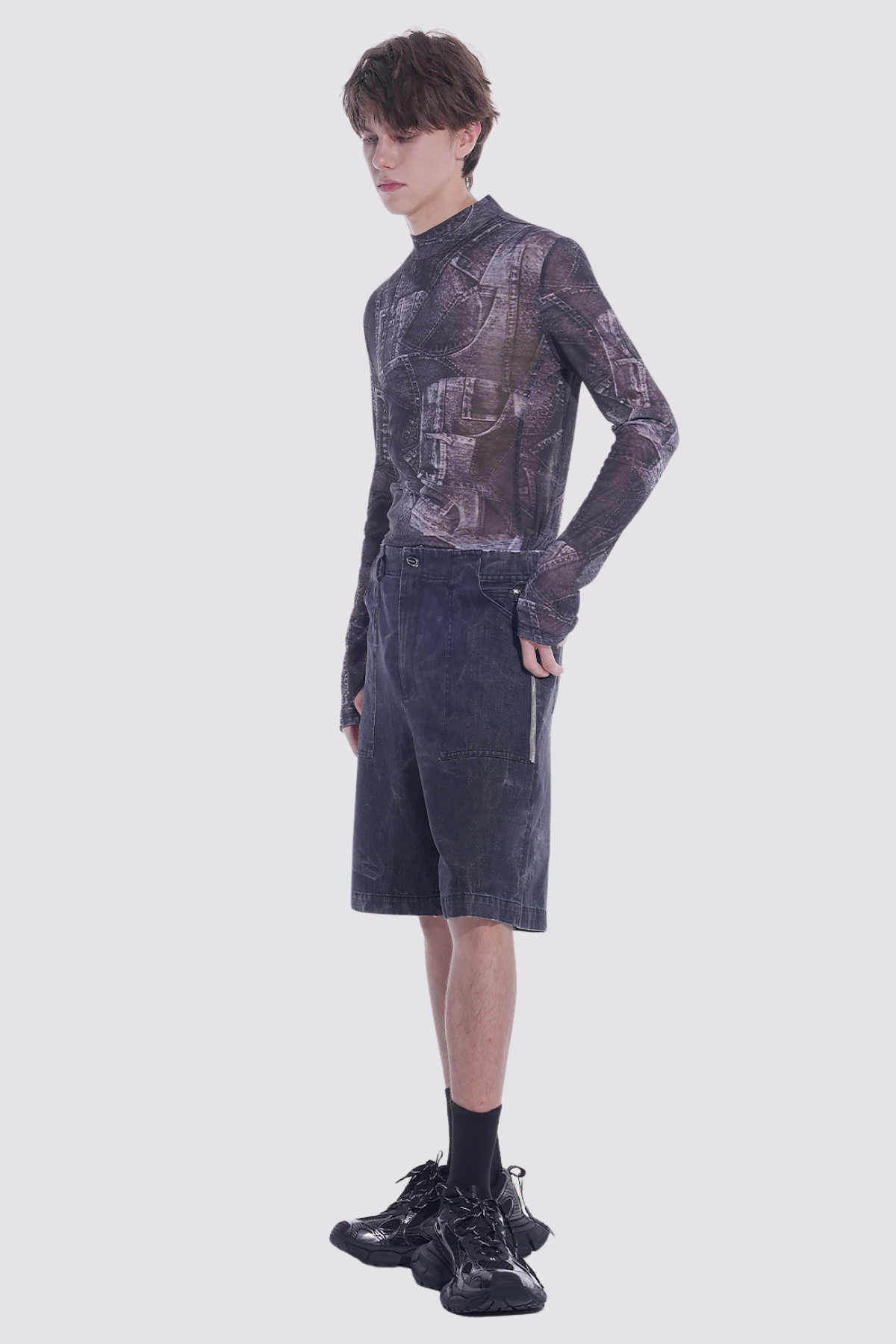 Shadow Layer Print Long Sleeve Mesh Top Black