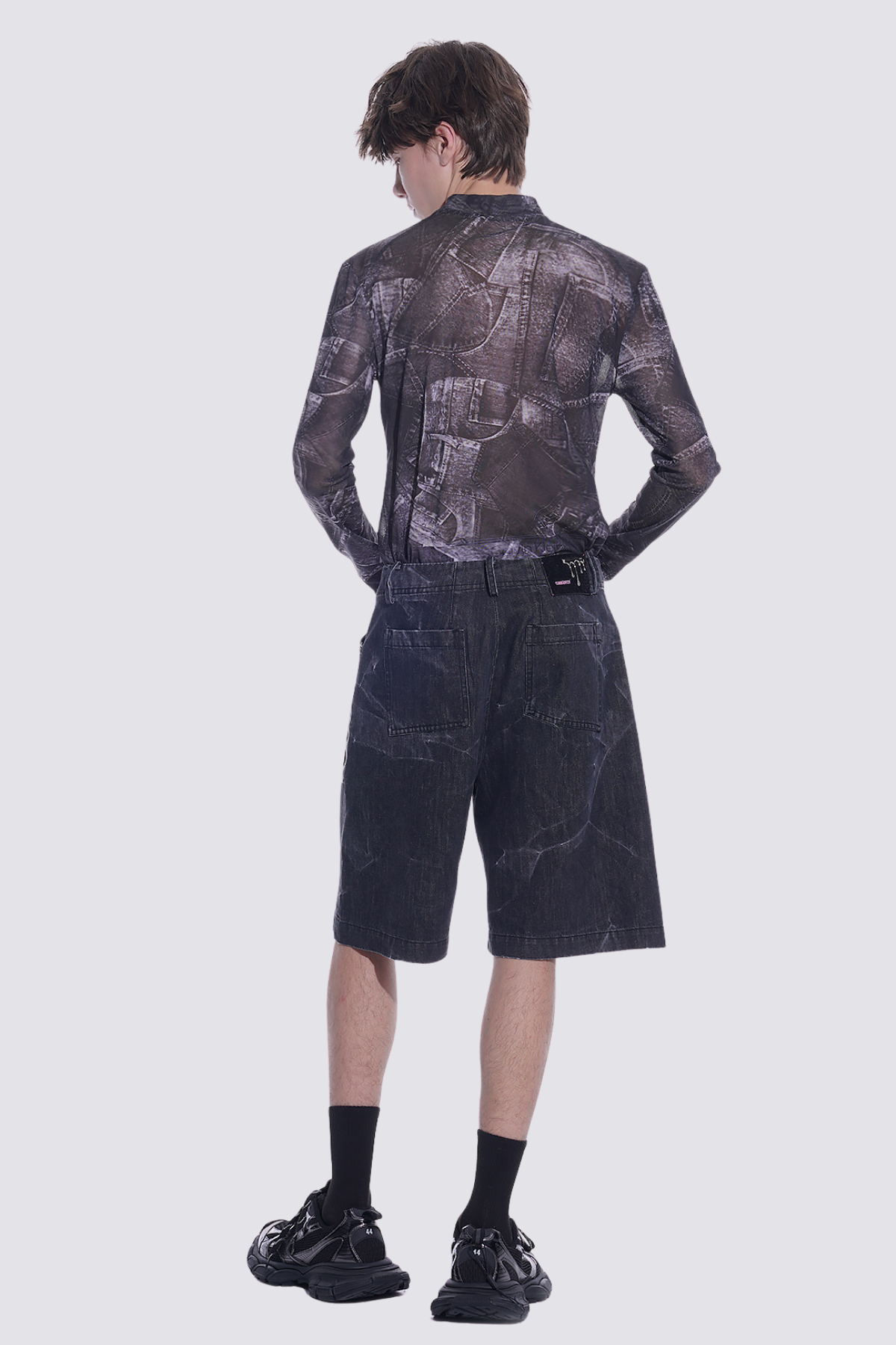 Shadow Layer Print Long Sleeve Mesh Top Black