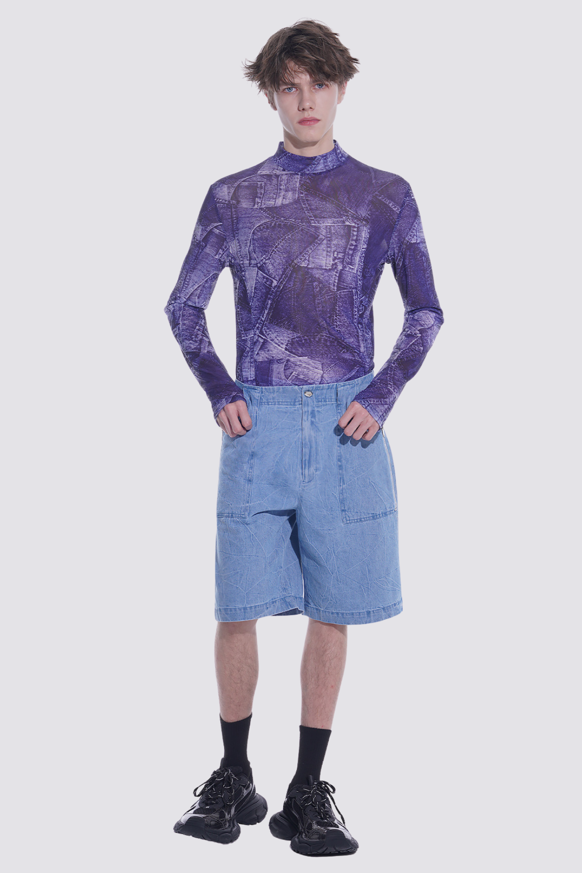 Shadow Layer Print Long Sleeve Mesh Top Blue