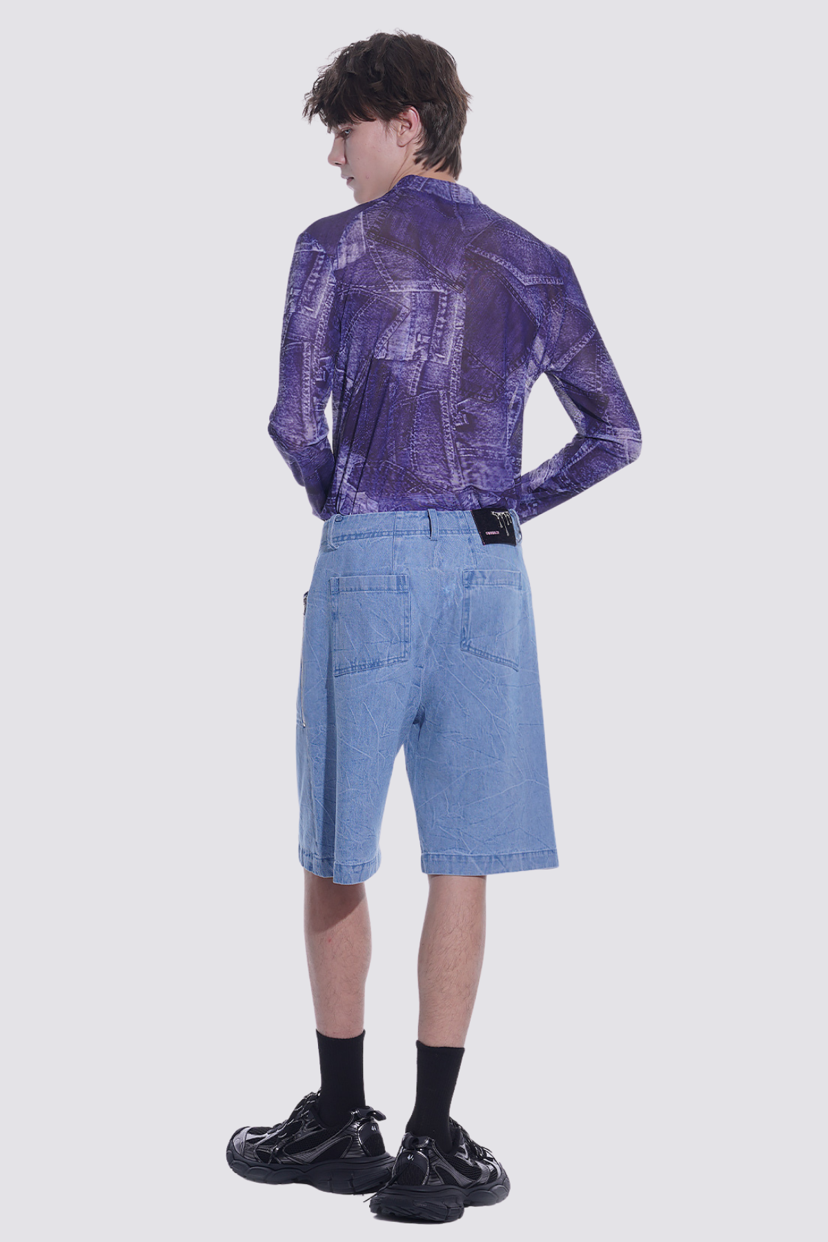 Shadow Layer Print Long Sleeve Mesh Top Blue